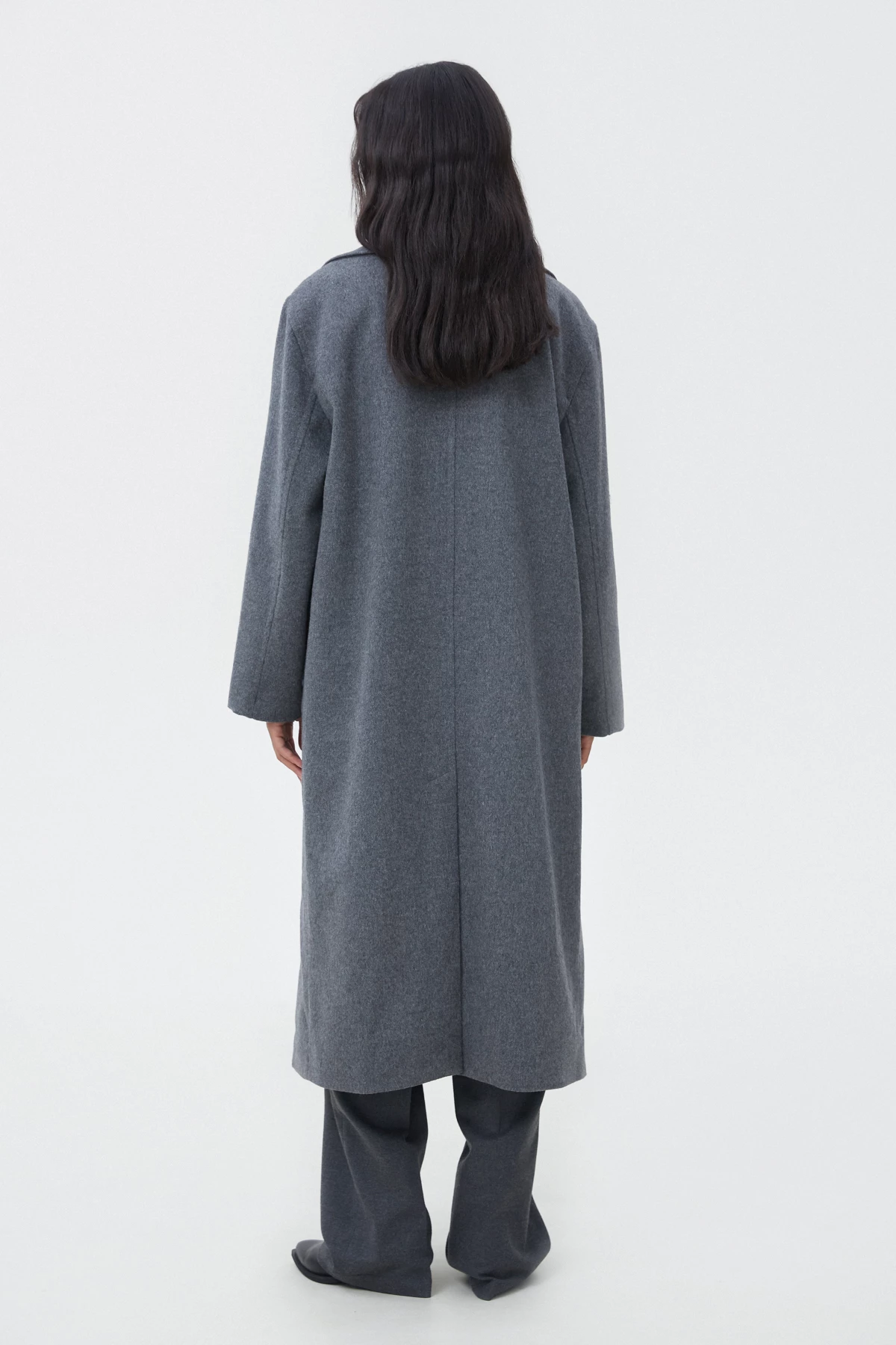 Straight gray double-breasted midi coat with wool, photo 4