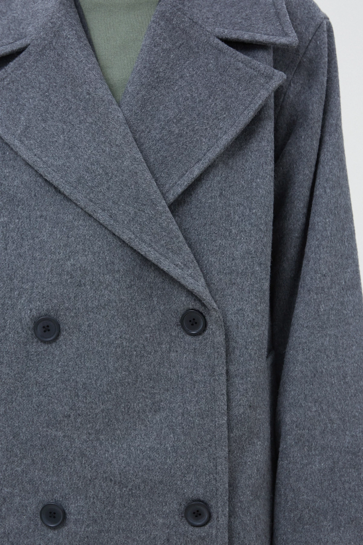 Сіре двобортне пальто міді прямого крою з вовною, фото 5