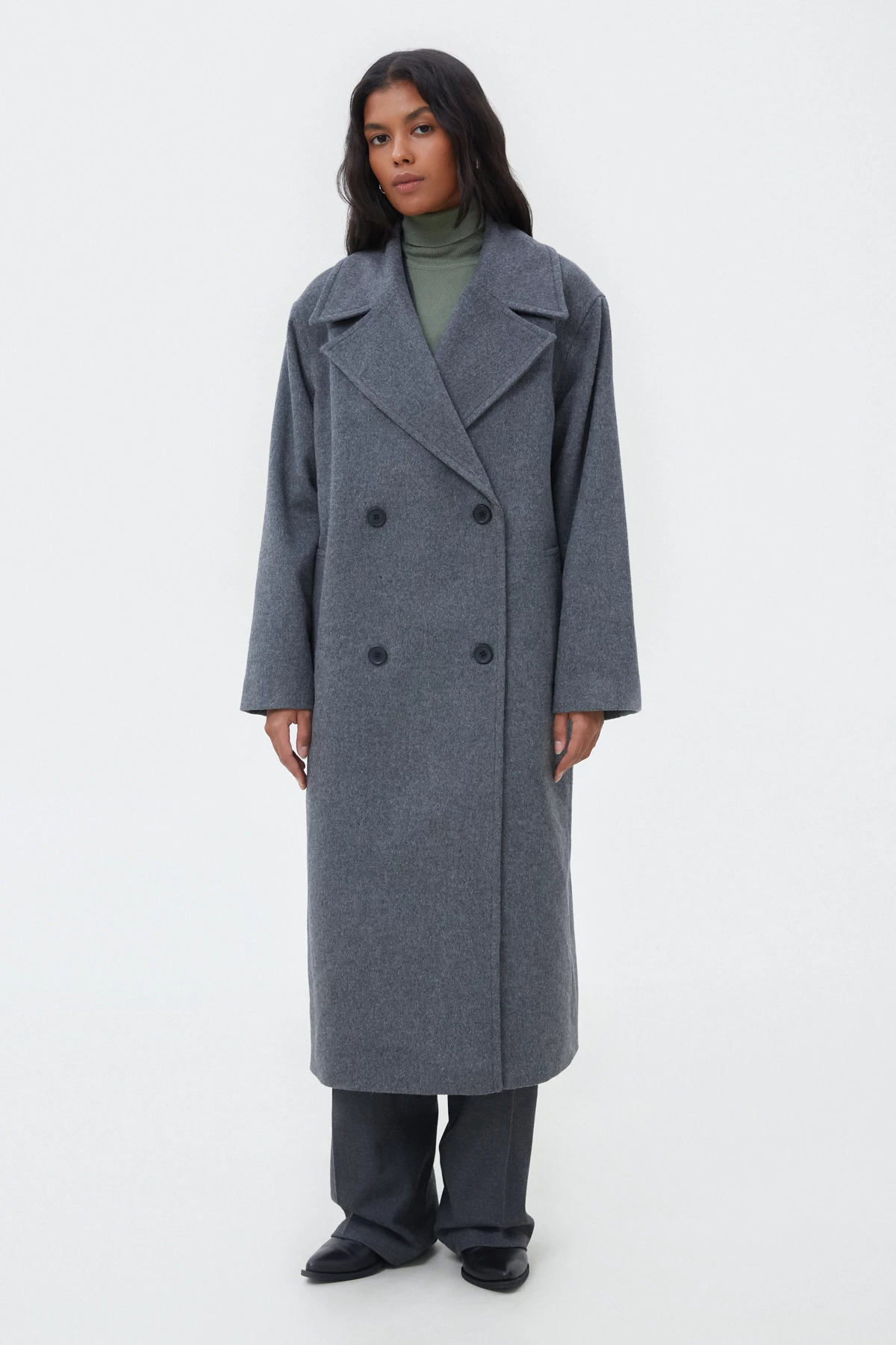 Straight gray double-breasted midi coat with wool, photo 1