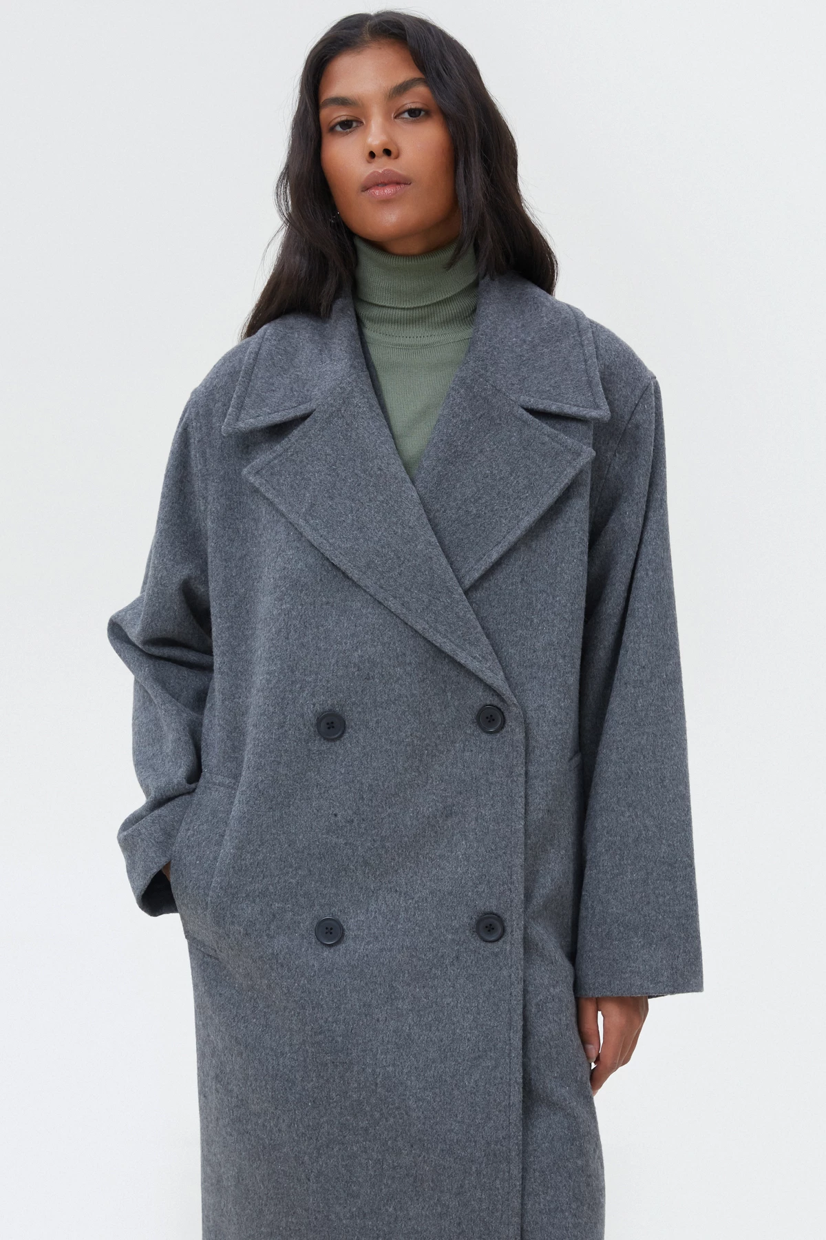 Straight gray double-breasted midi coat with wool, photo 7