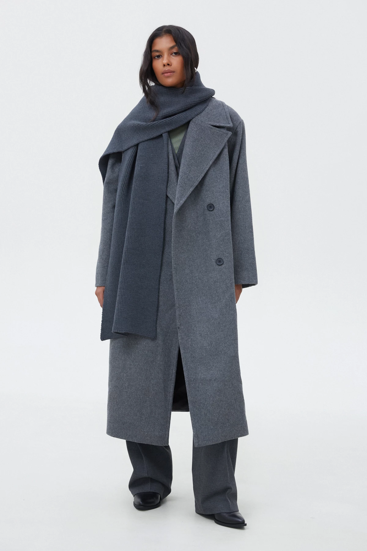Straight gray double-breasted midi coat with wool, photo 8