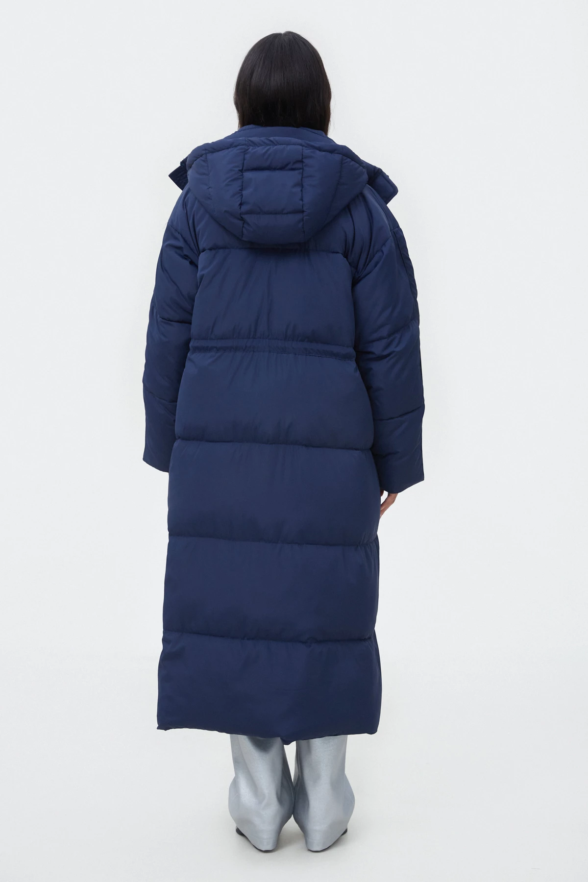 Navy blue long quilted coat with waist line accent, photo 4