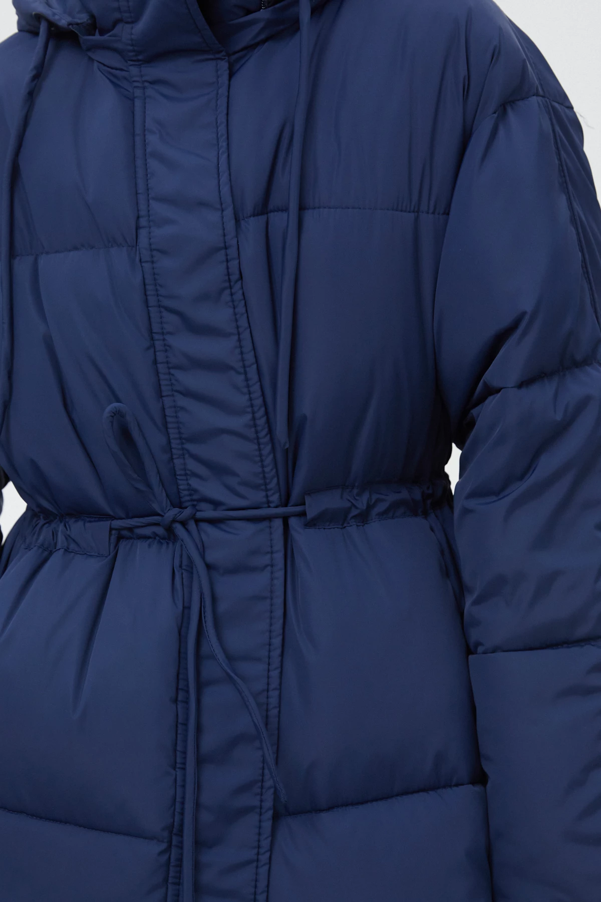 Navy blue long quilted coat with waist line accent, photo 6