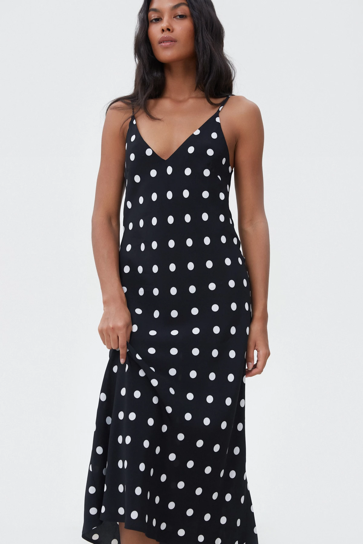 Black slip midi dress of viscose with polka dot print , photo 1