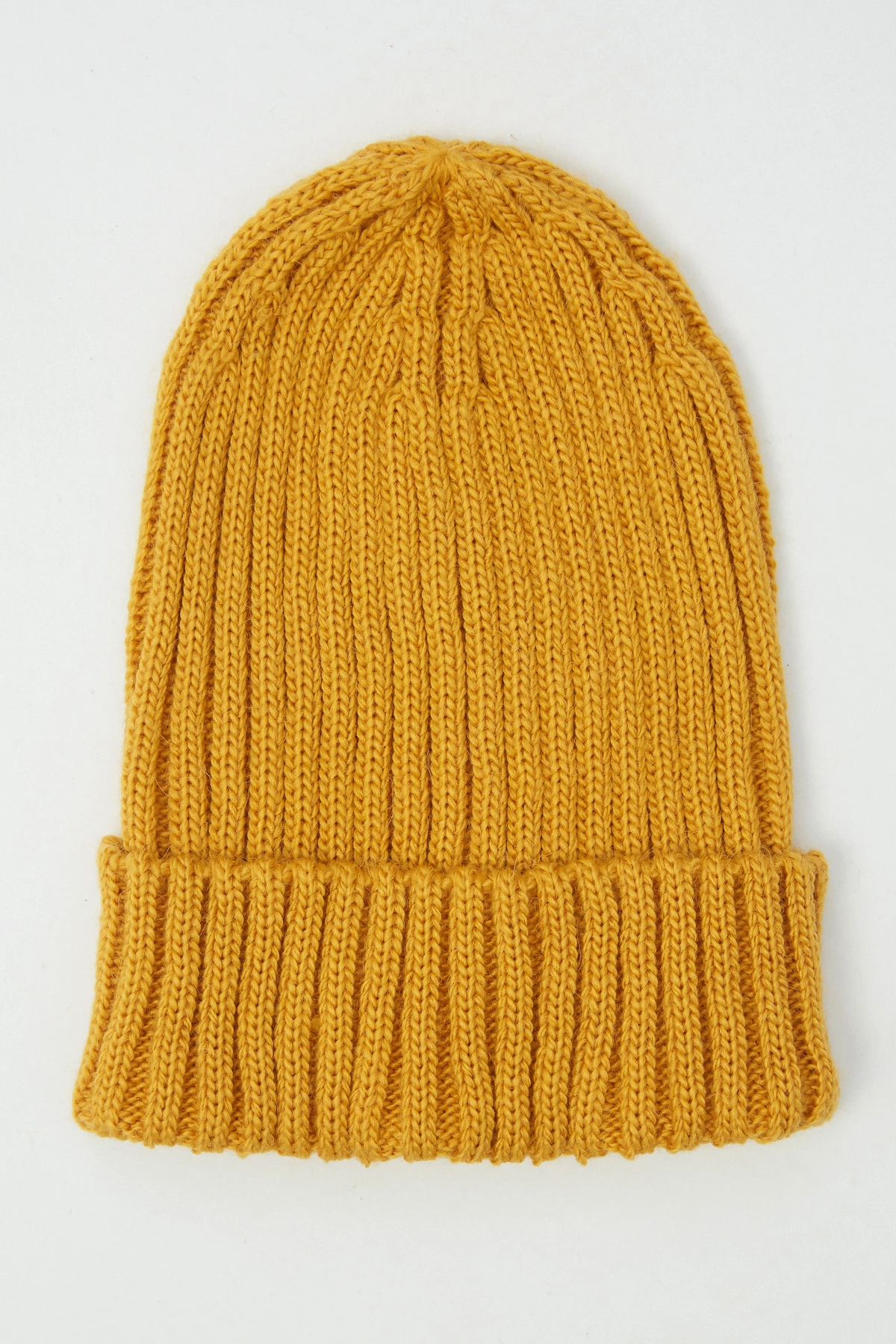 Mustartd yellow knitted wool beanie hat with a lapel, photo 2