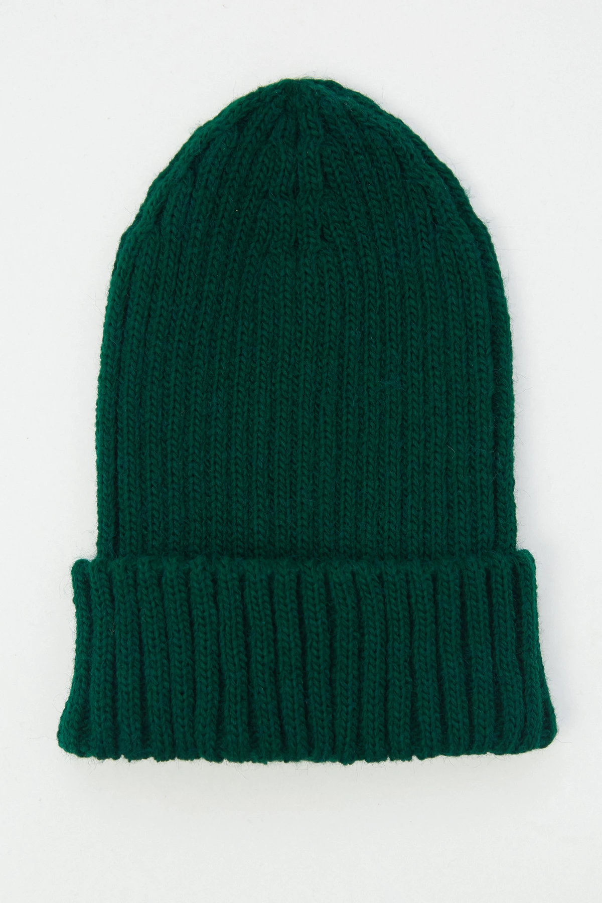 Green knitted wool beanie hat with a lapel, photo 2