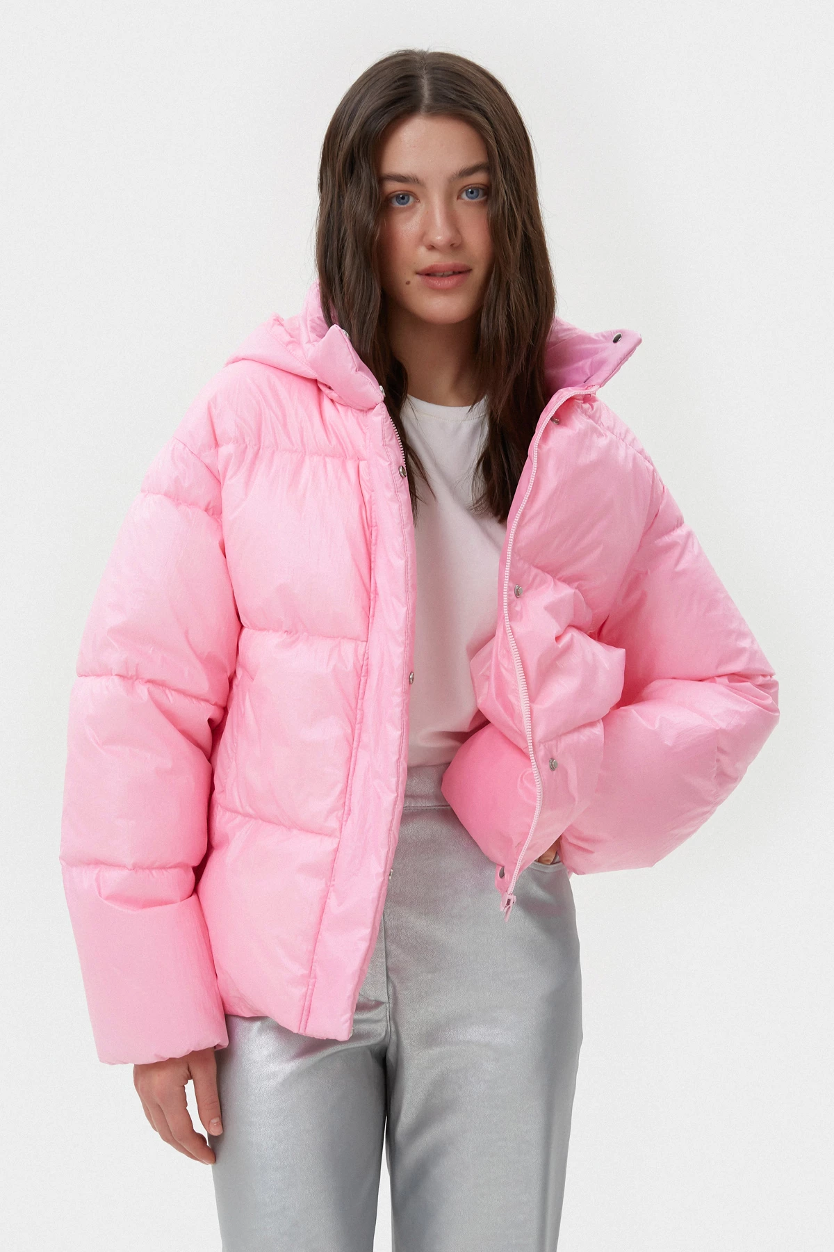Soft pink cropped puffer jacket, photo 1