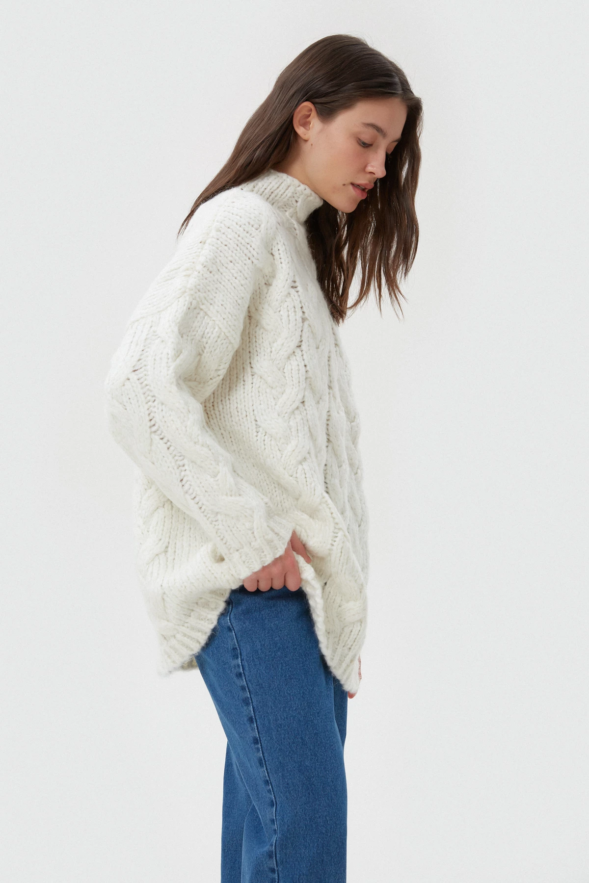 Milky elongated sweater in "braids" with wool, photo 5