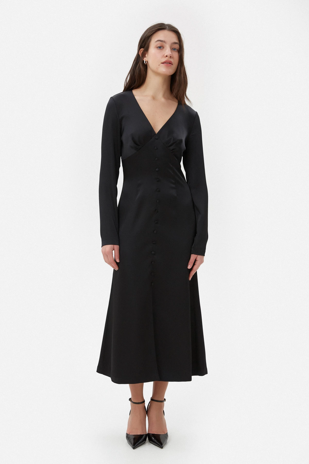 Black satin midi dress with a V-neckline, photo 1
