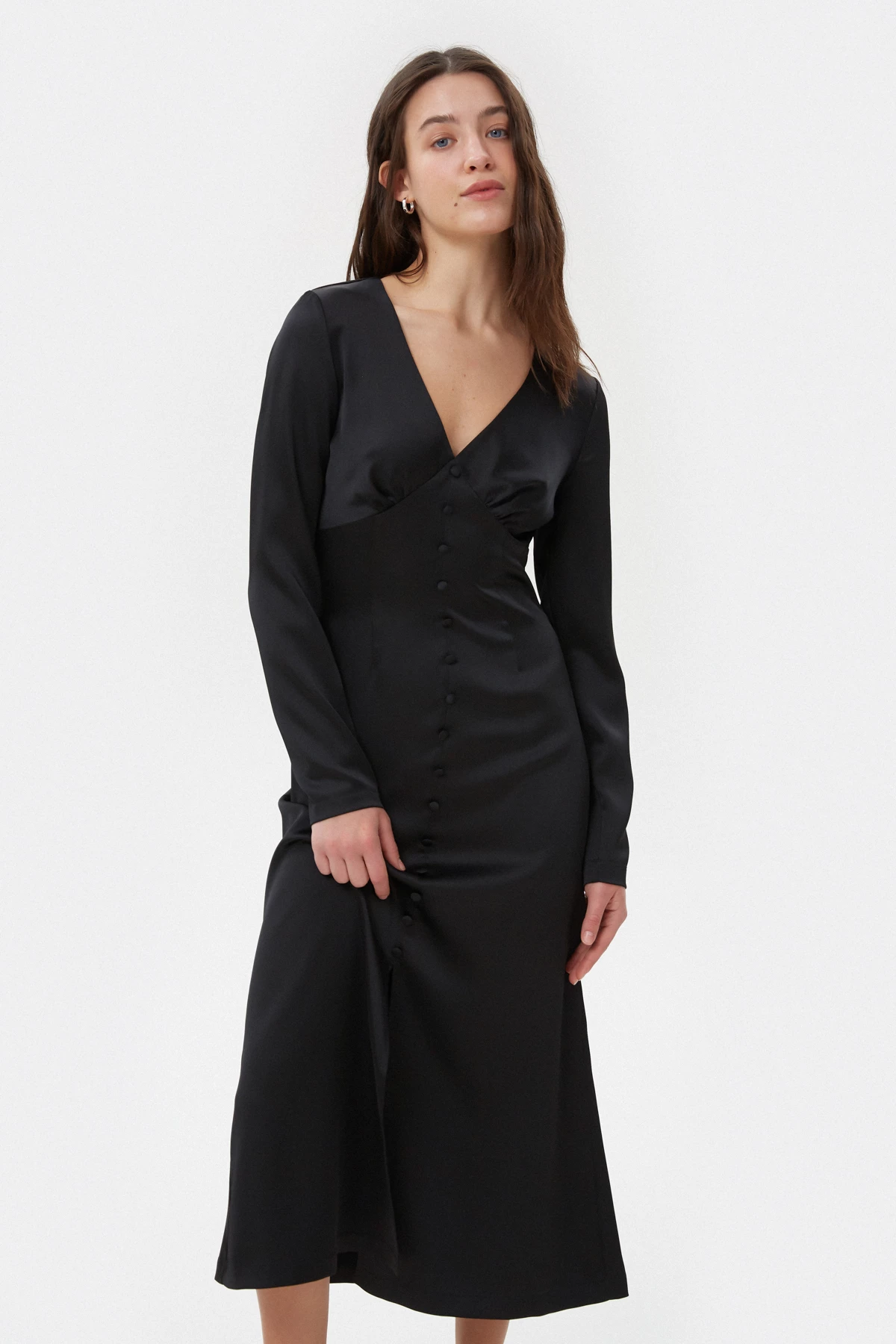 Black satin midi dress with a V-neckline, photo 2