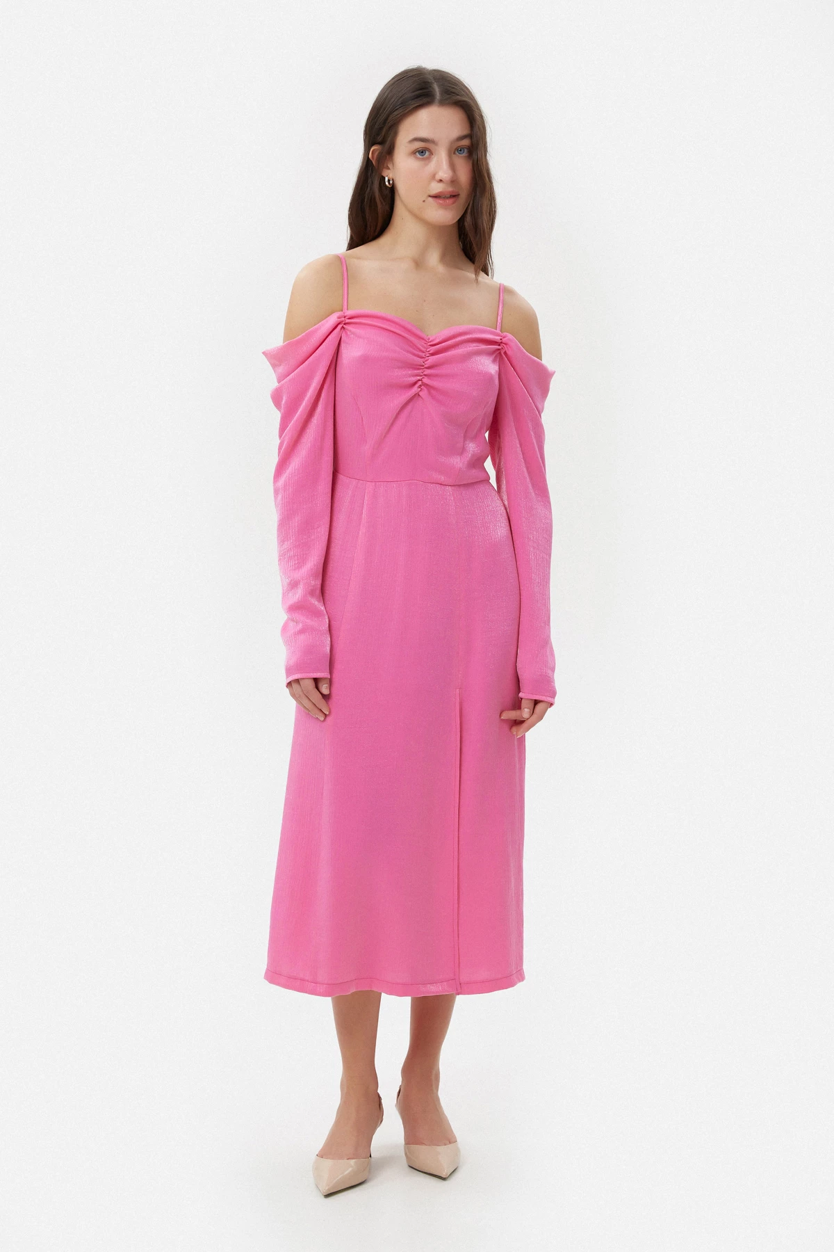 Сукня міді з розрізом з віскозного креш-сатину кольору фуксія, фото 1