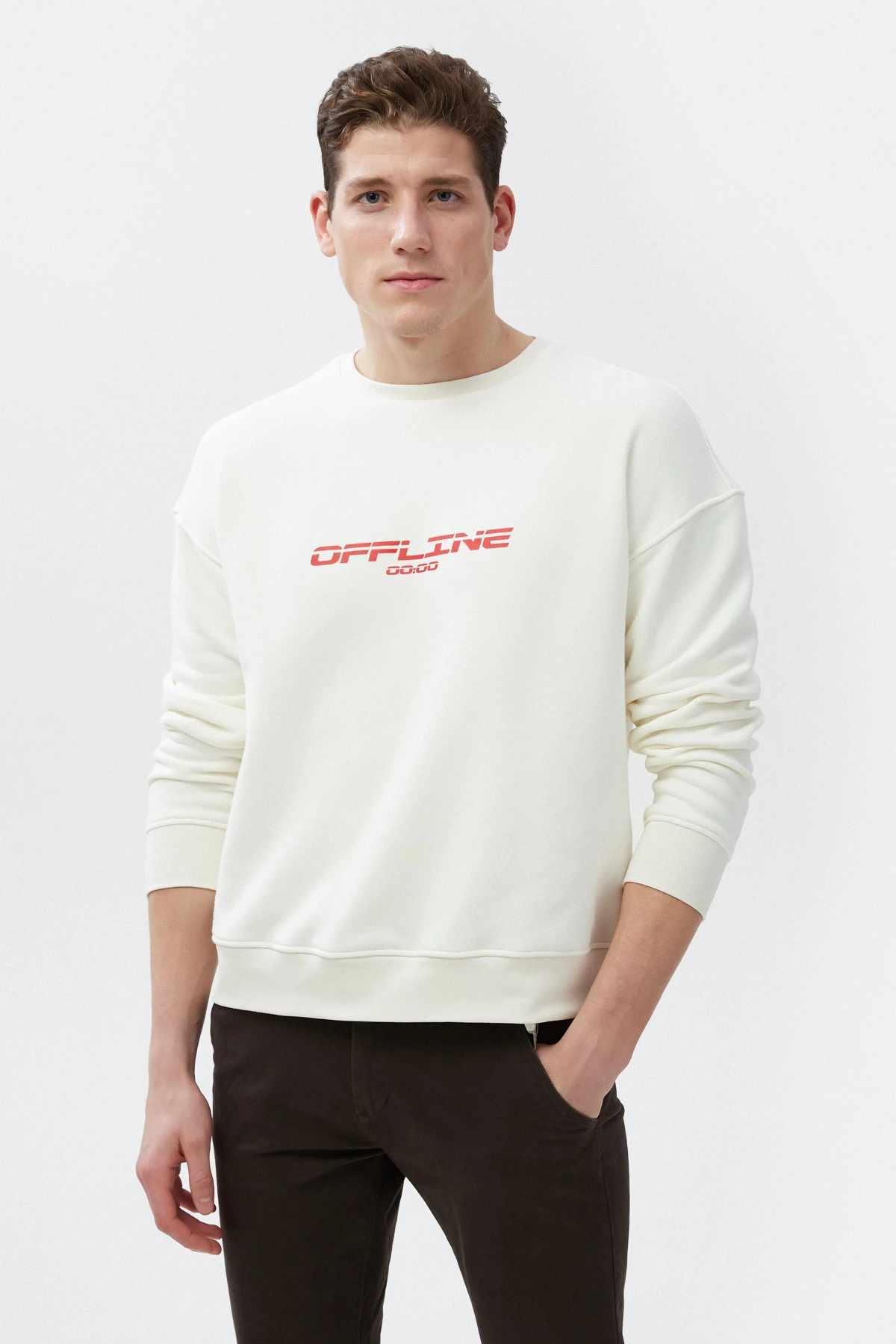 Vanilla elongated unisex sweatshirt "OFFLINE" on fleece, photo 1