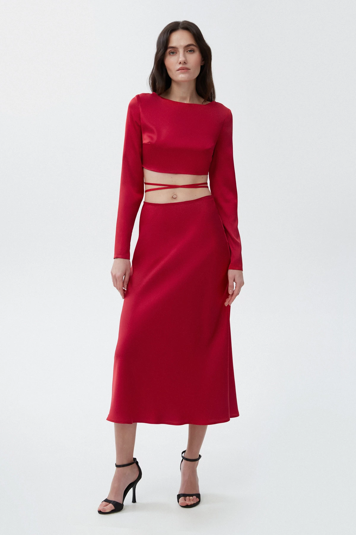 Red satin midi skirt, photo 1
