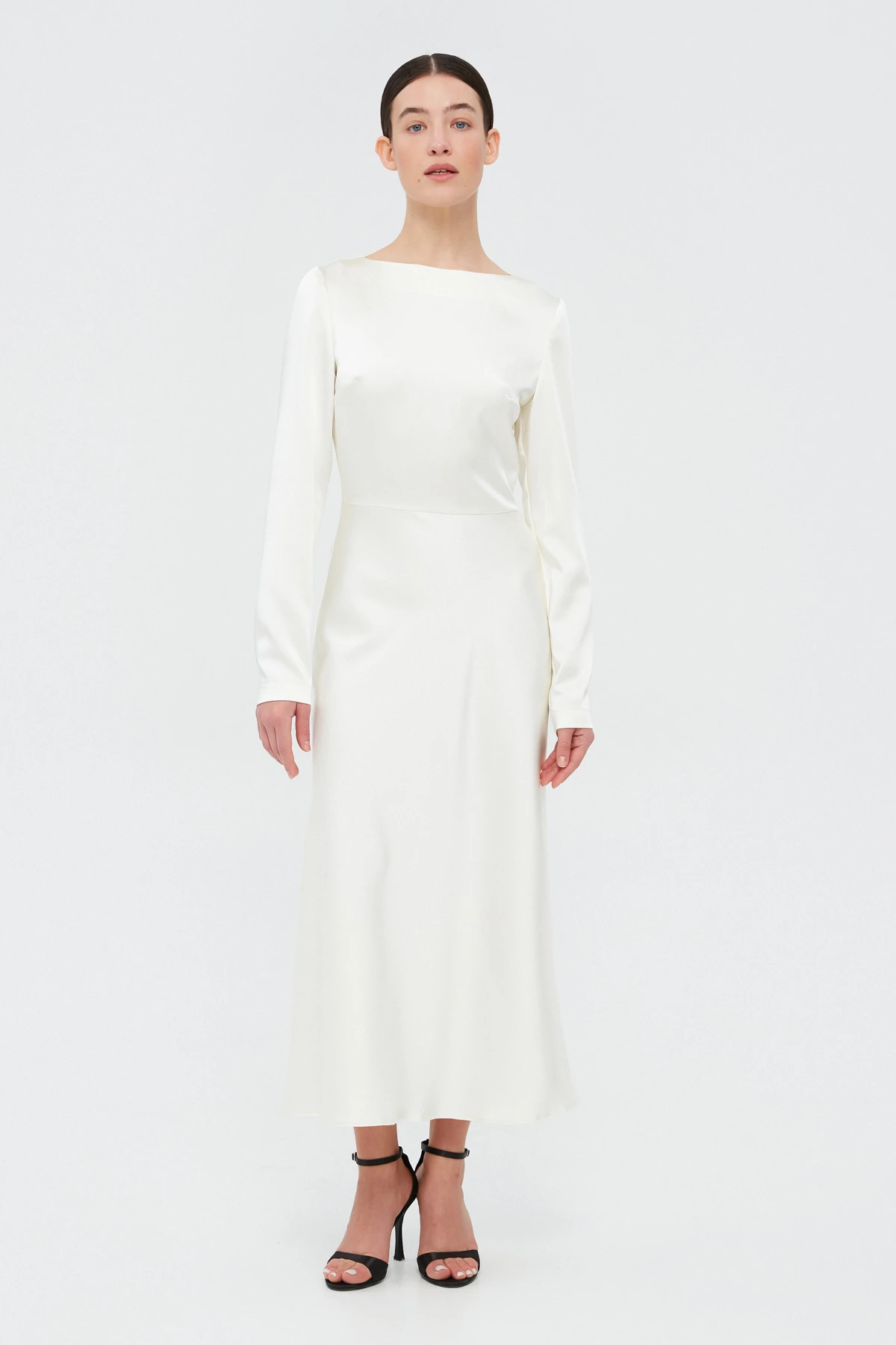 Молочна сукня міді з довгим рукавом зі щільного сатину, фото 1