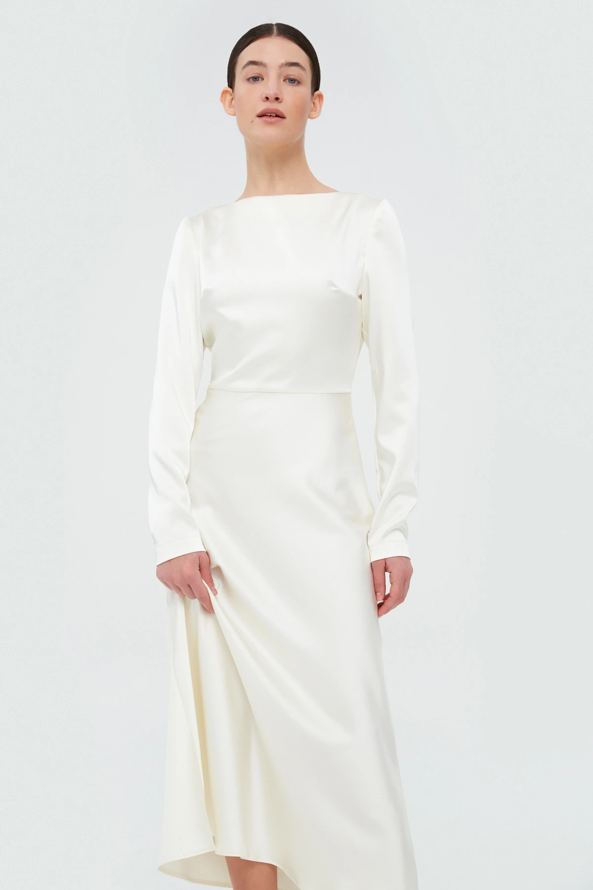 Молочна сукня міді з довгим рукавом зі щільного сатину, фото 2