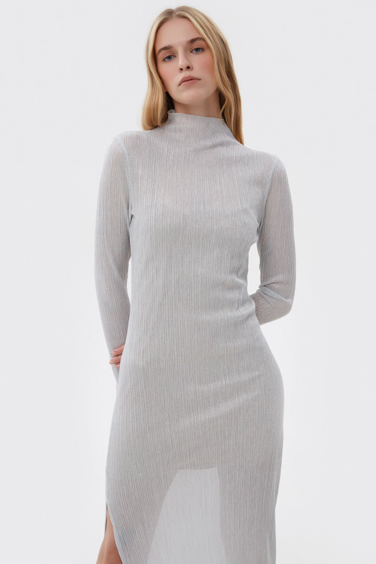 Silver pleated knit long midi dress Estro x MustHave, photo 4
