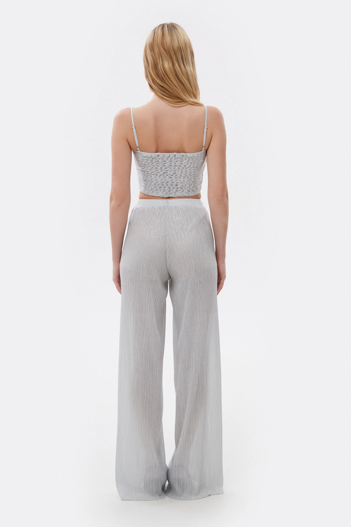 Straight loose trousers in silver pleated knit Estro x MustHave, photo 5