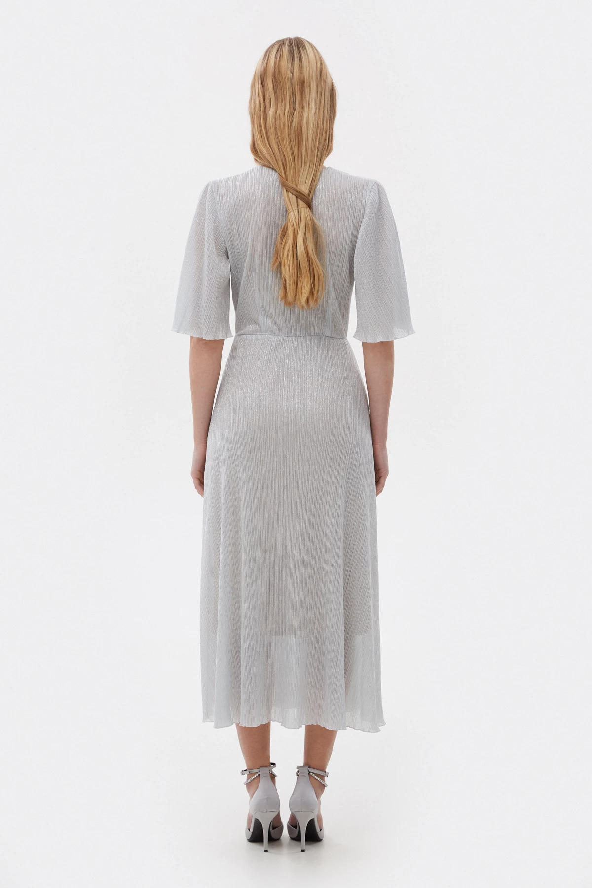 Срібна сукня міді з трикотажу пліссе Estro x MustHave, фото 6