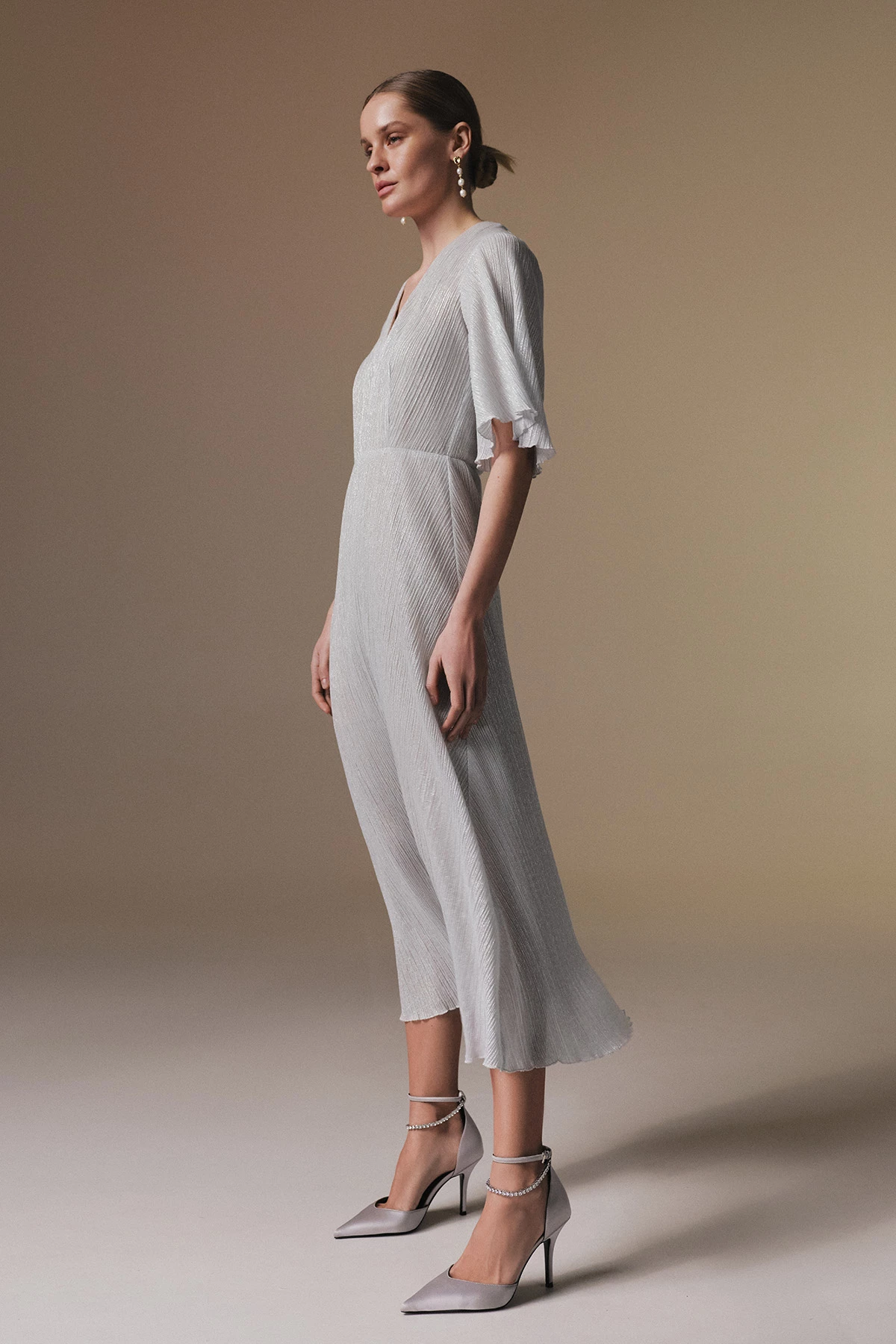 Срібна сукня міді з трикотажу пліссе Estro x MustHave, фото 1