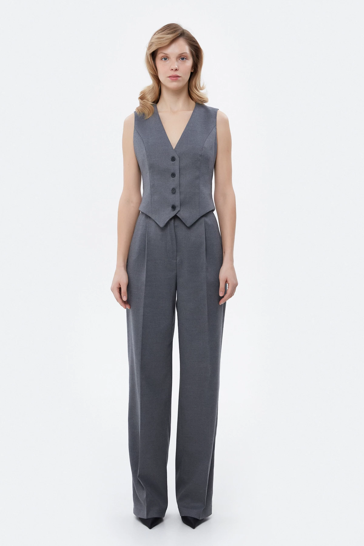 Wide elongated gray pants with viscose, photo 2