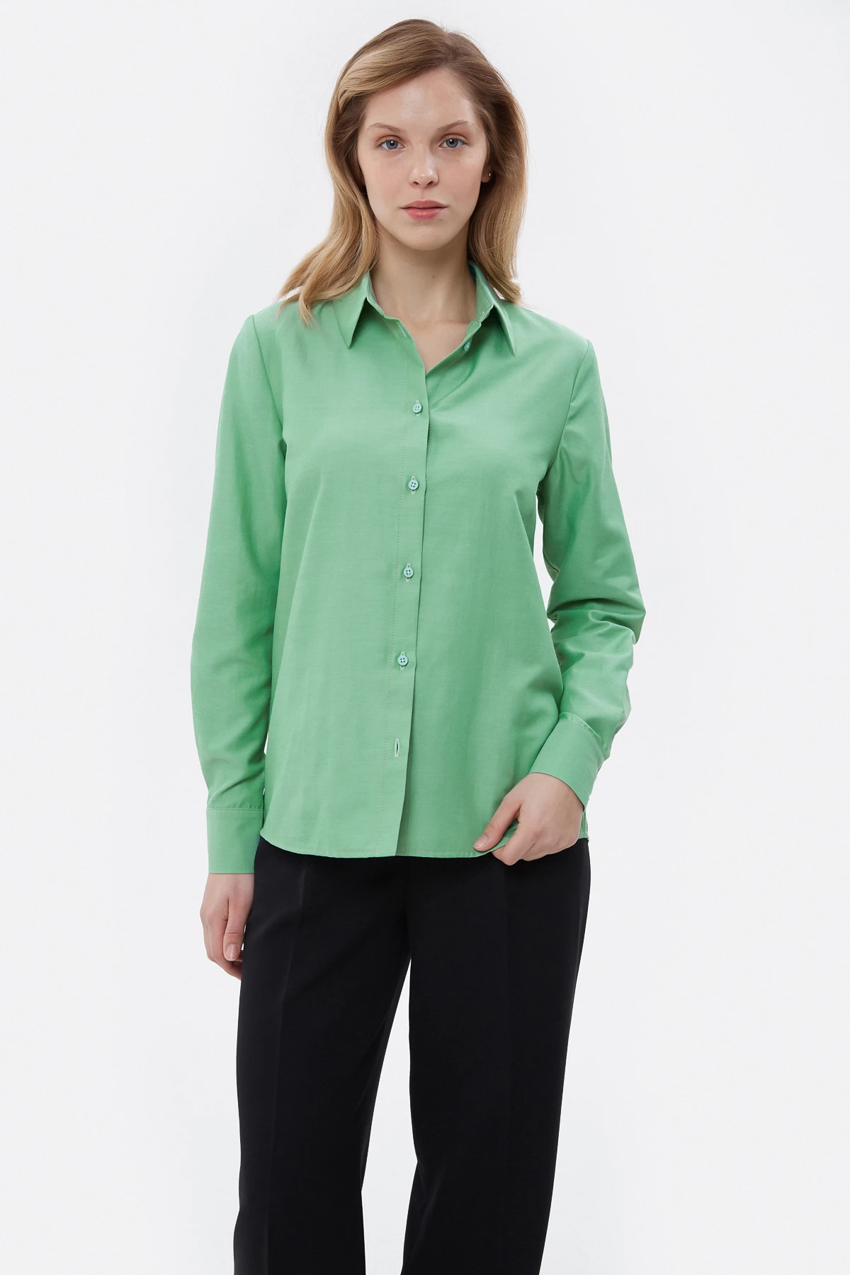 Базовая светло-зеленая рубашка свободного кроя с хлопком, фото 4