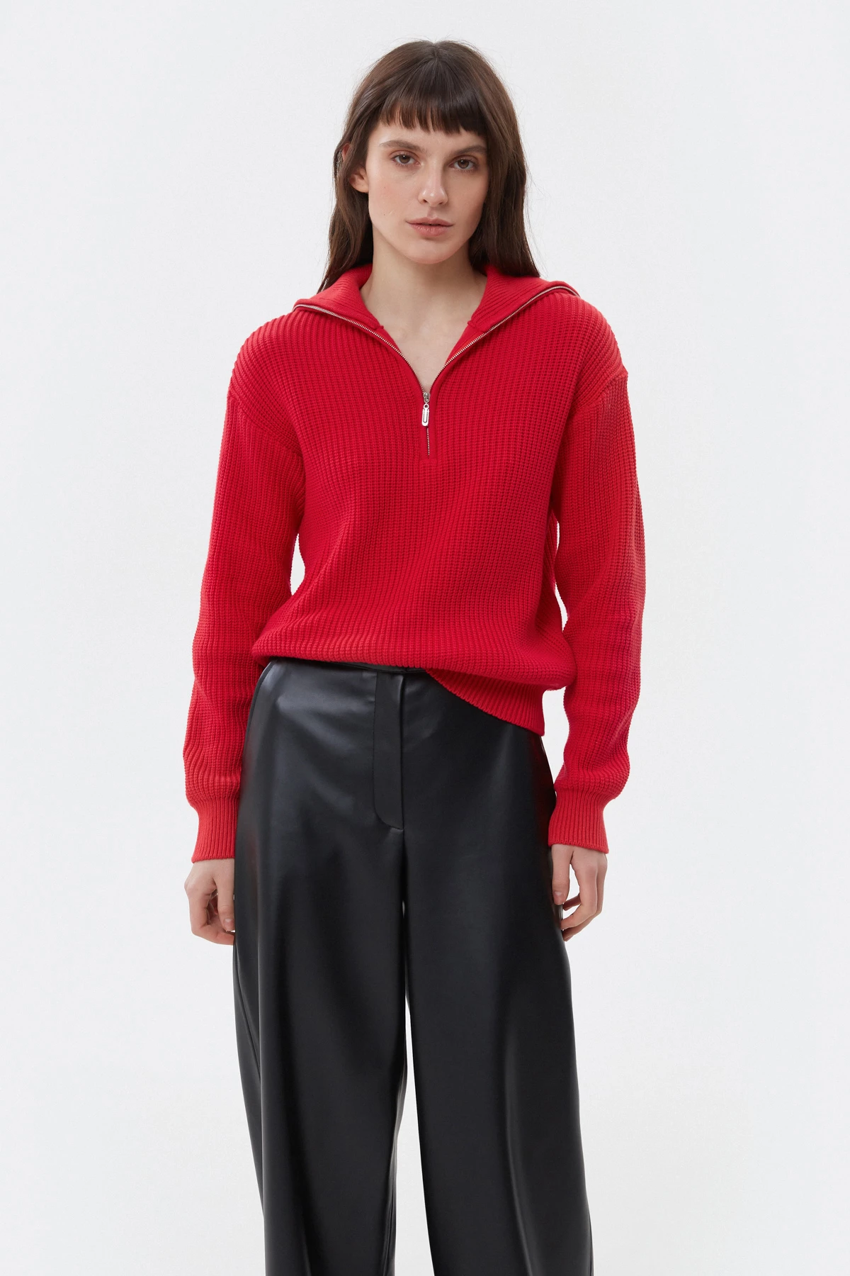 Red cotton zip-up knit sweater, photo 2