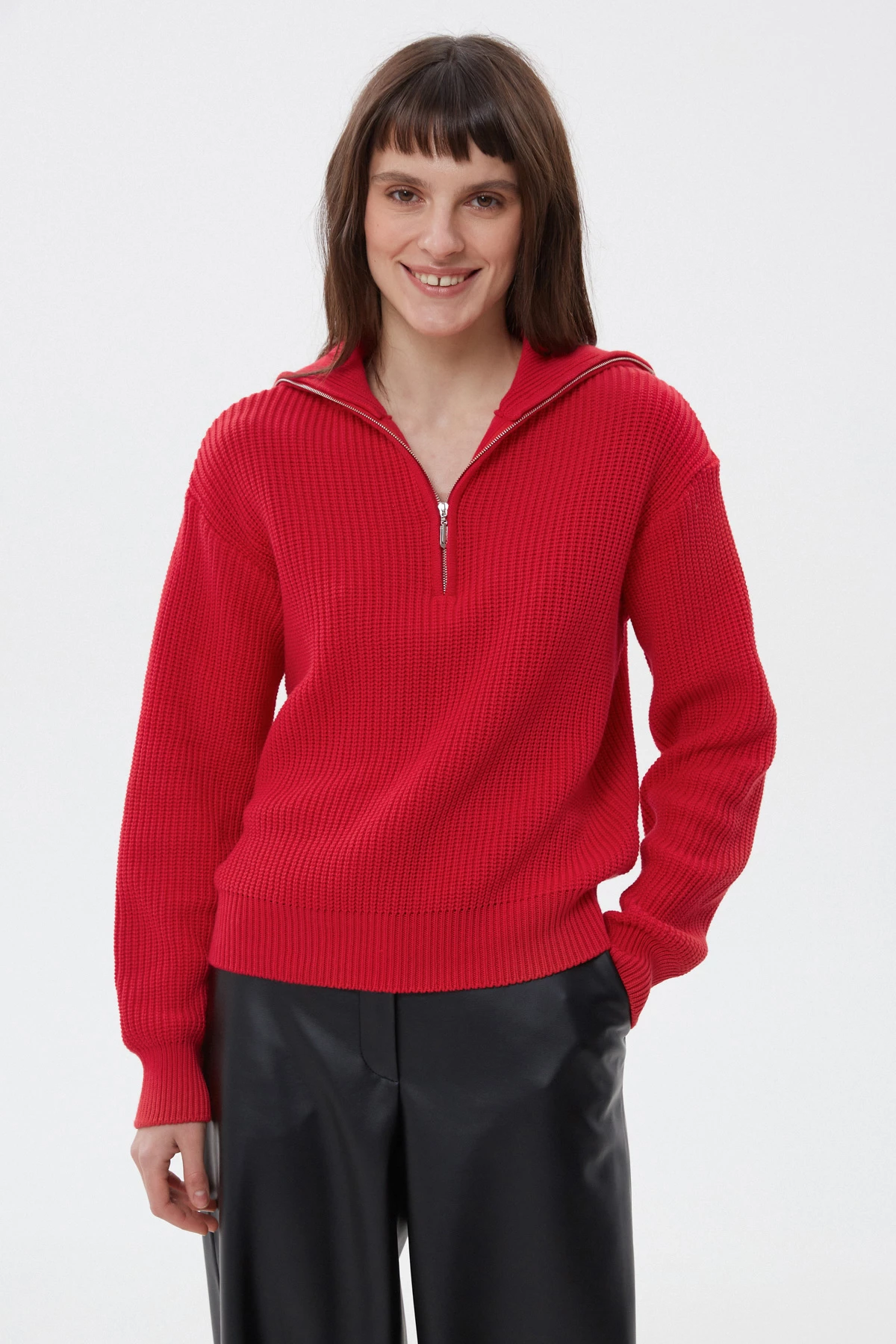 Red cotton zip-up knit sweater, photo 4