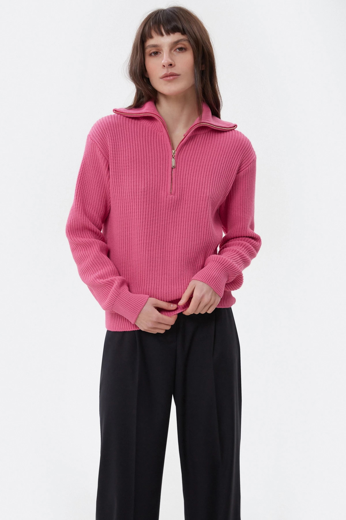 Рожевий в’язаний светр на блискавці з бавовною, фото 1