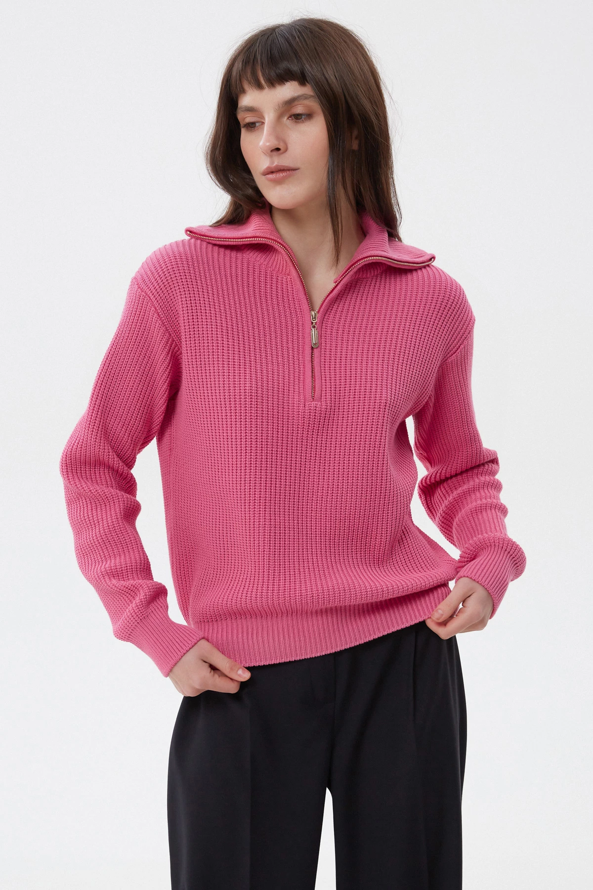 Рожевий в’язаний светр на блискавці з бавовною, фото 2