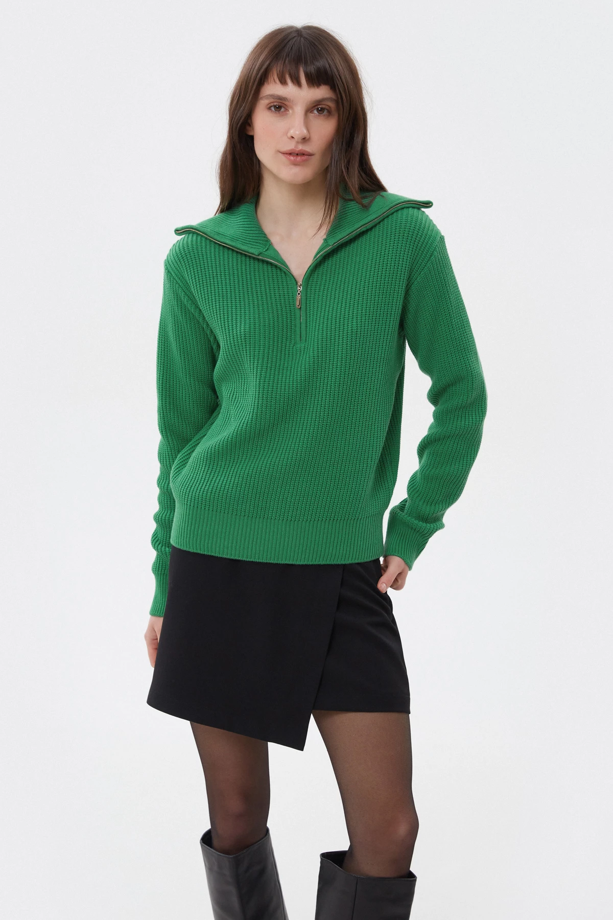 Green cotton zip-up knit sweater, photo 1
