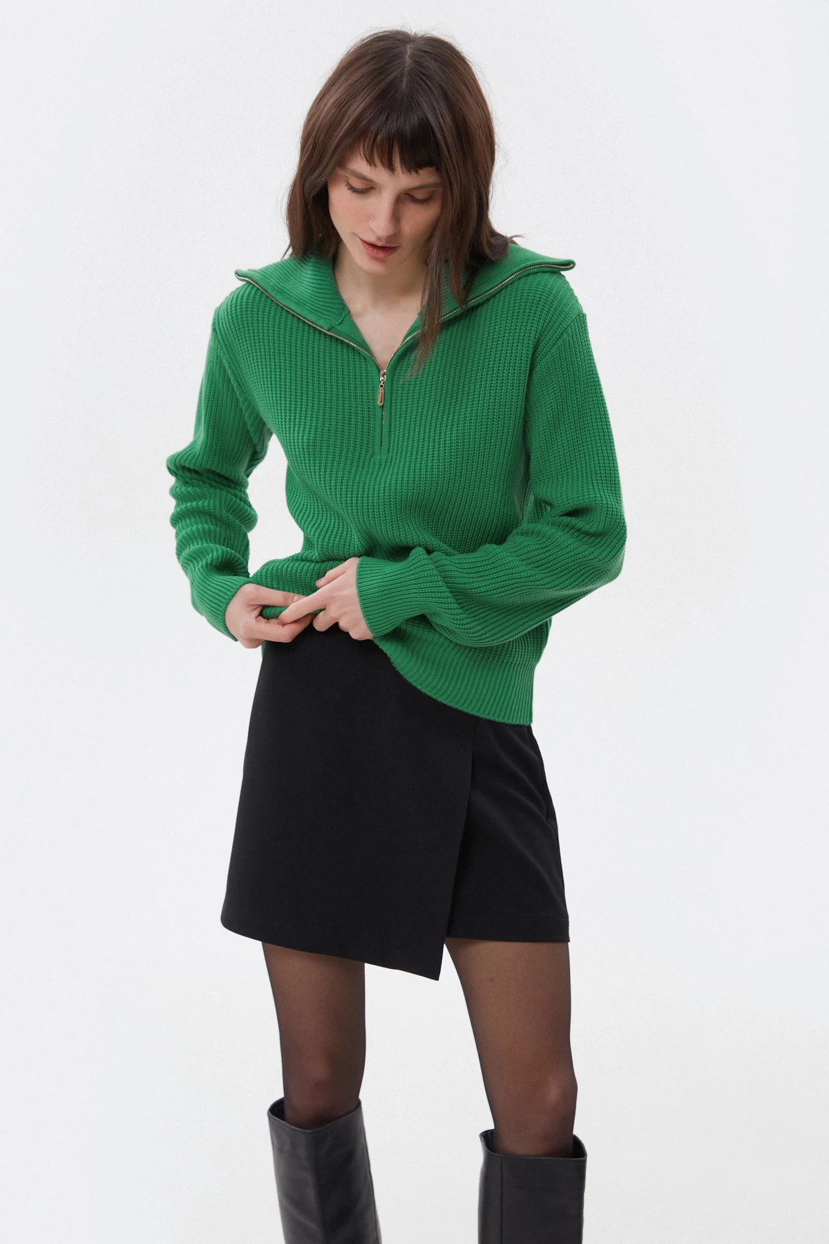 Зелений в’язаний светр на блискавці з бавовною, фото 2
