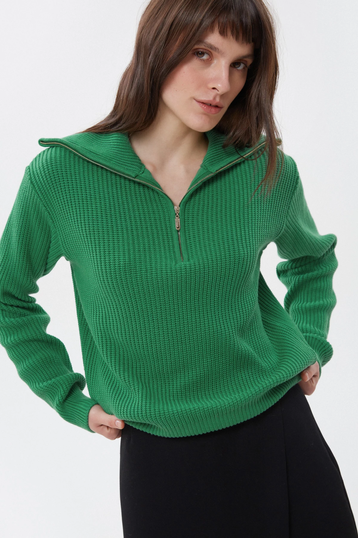 Зелений в’язаний светр на блискавці з бавовною, фото 1