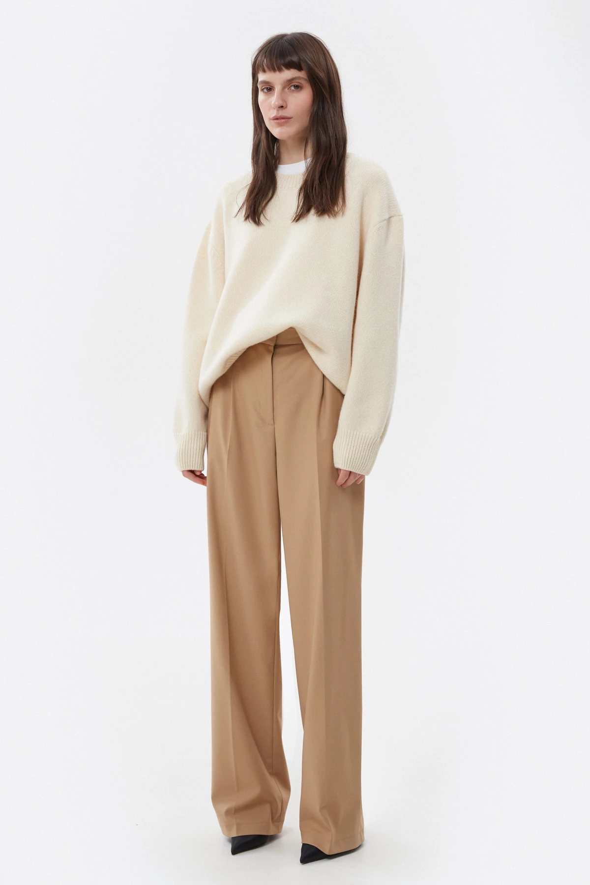 Wide elongated beige trousers with viscose, photo 1