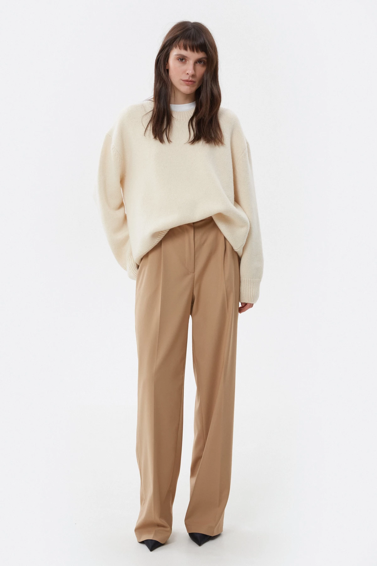 Wide elongated beige trousers with viscose, photo 2