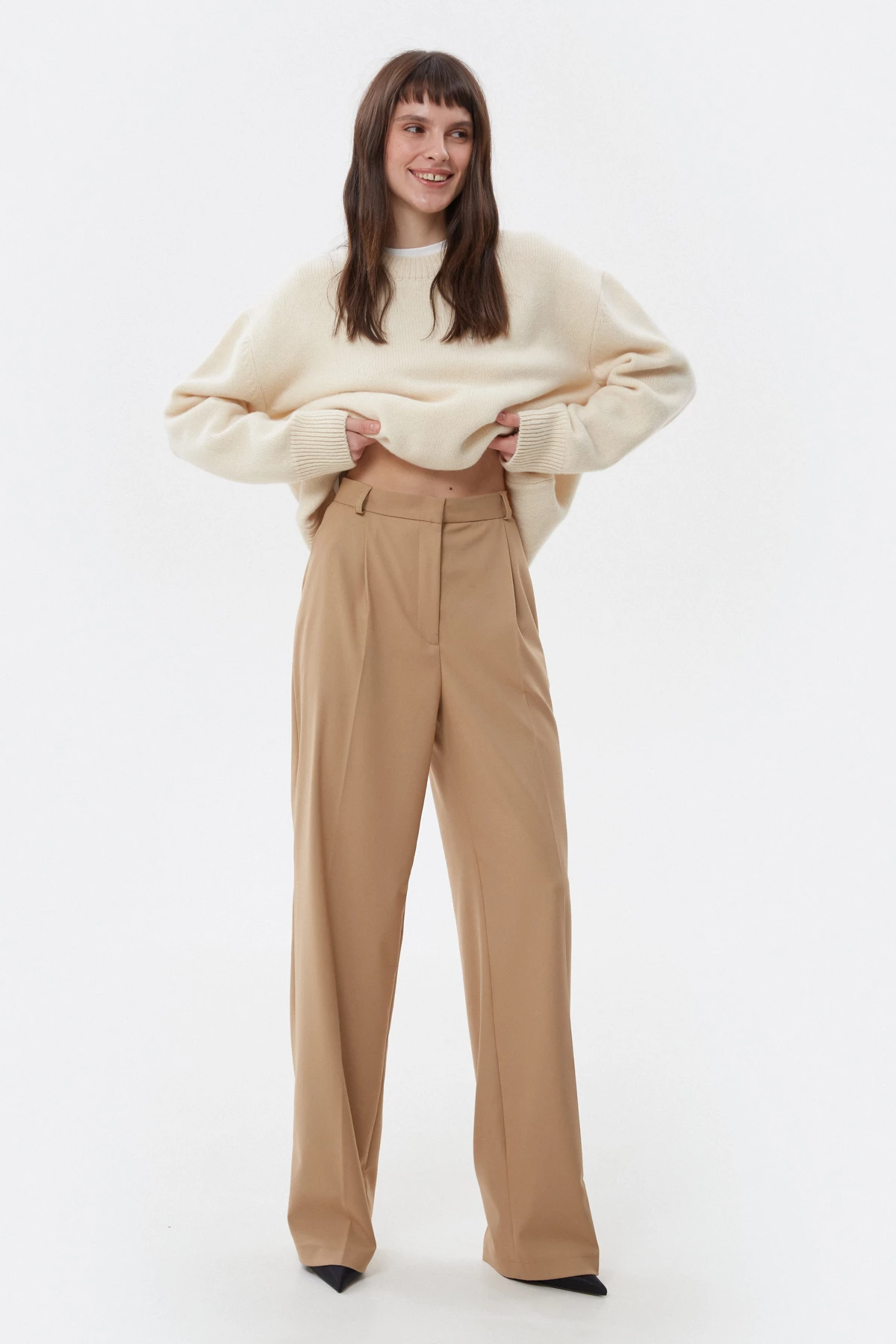 Wide elongated beige trousers with viscose, photo 3
