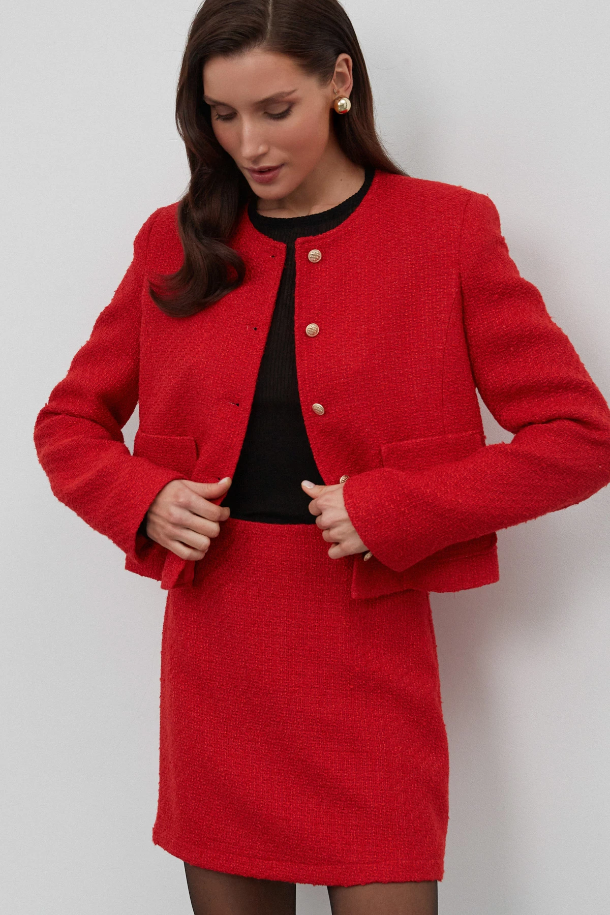 Червона твідова коротка спідниця з костюмної тканини з бавовною, фото 2