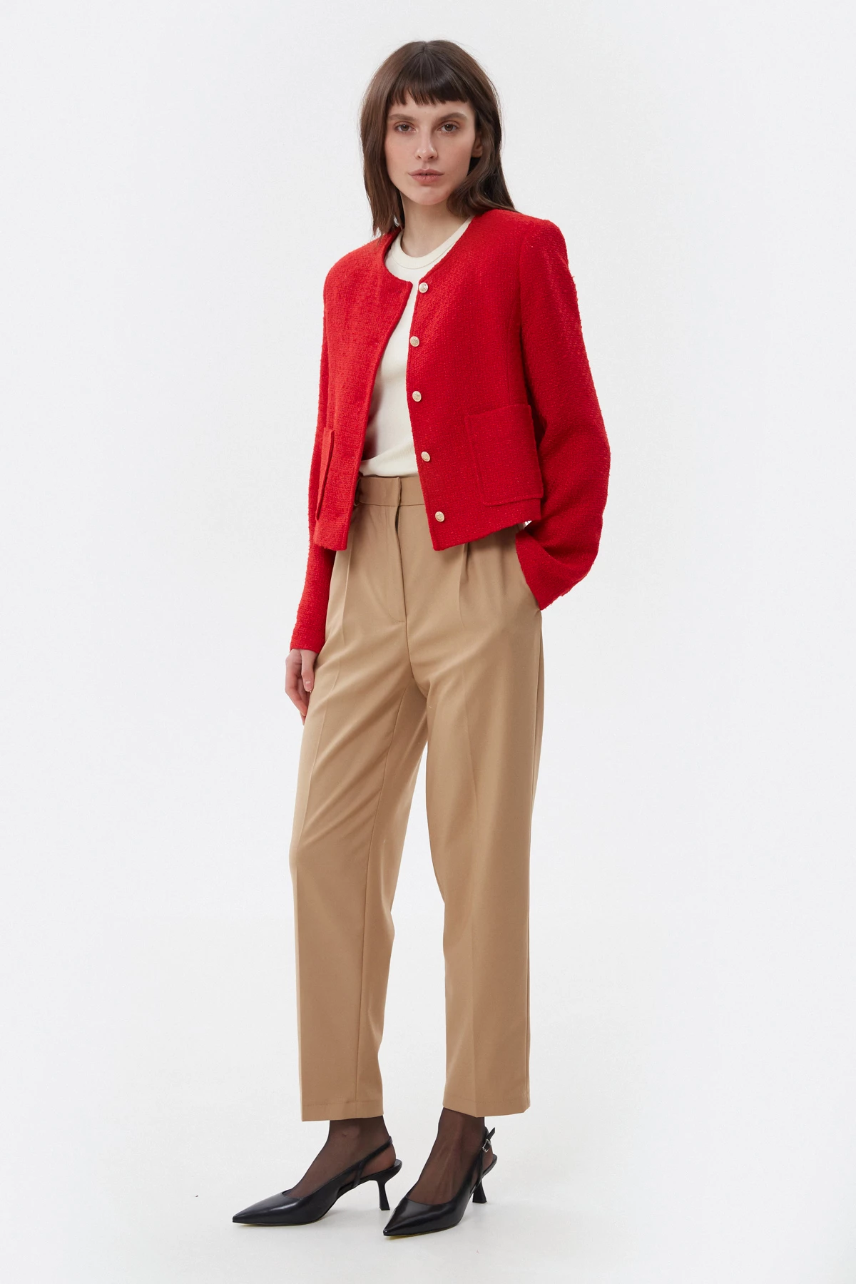 Classic cropped beige pants with viscose, photo 2