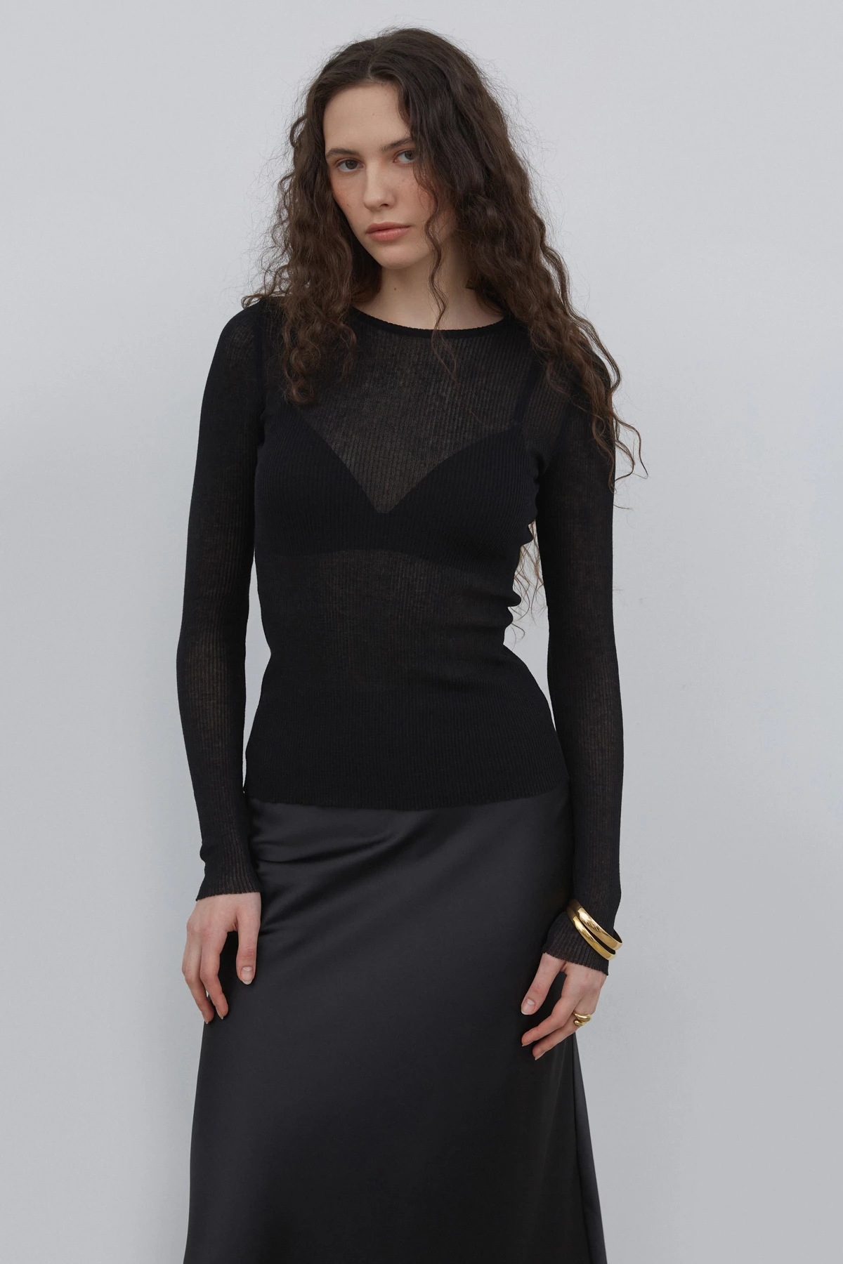 Black semi-transparent ribbed knitted jumper with cotton, photo 2