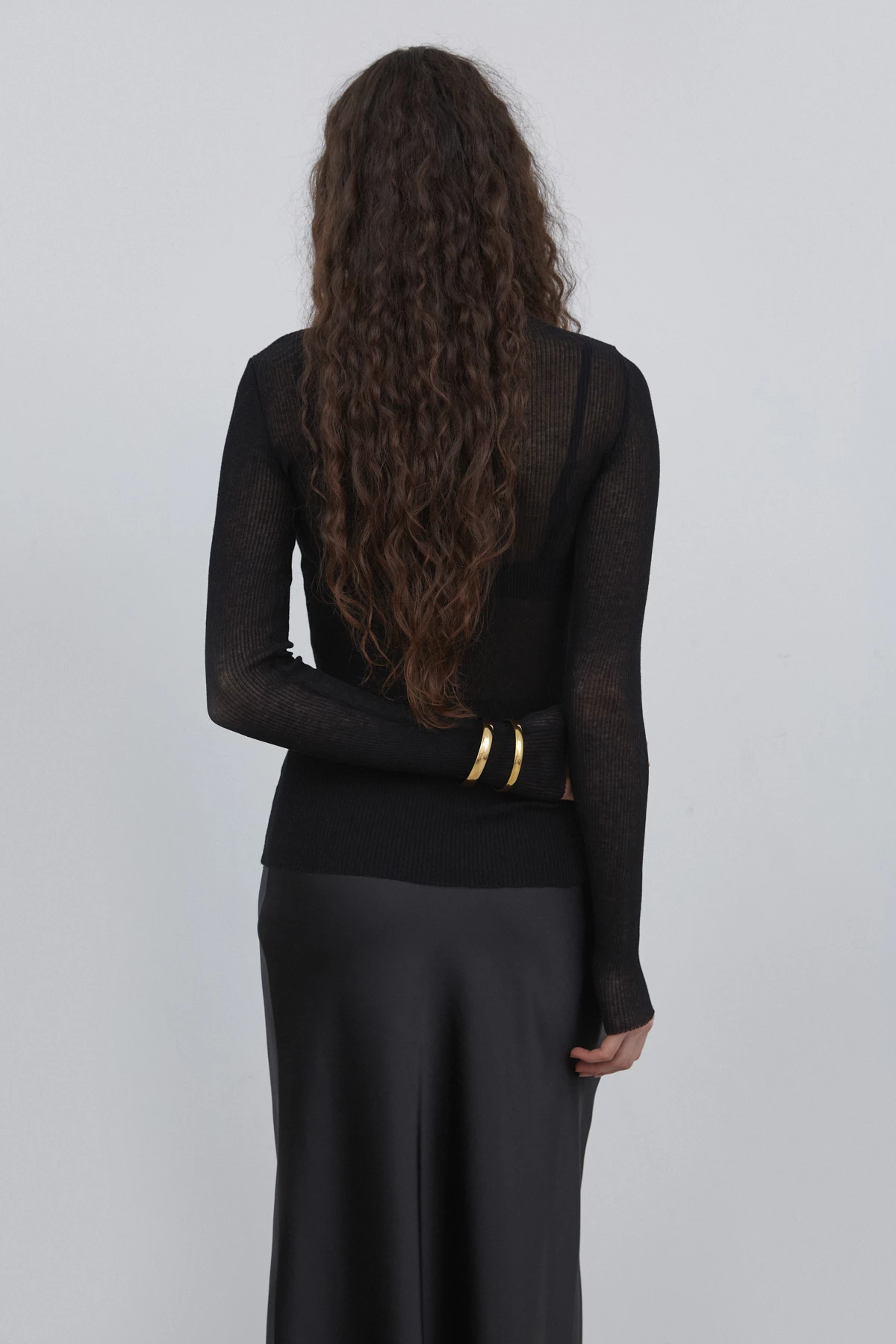 Black semi-transparent ribbed knitted jumper with cotton, photo 5