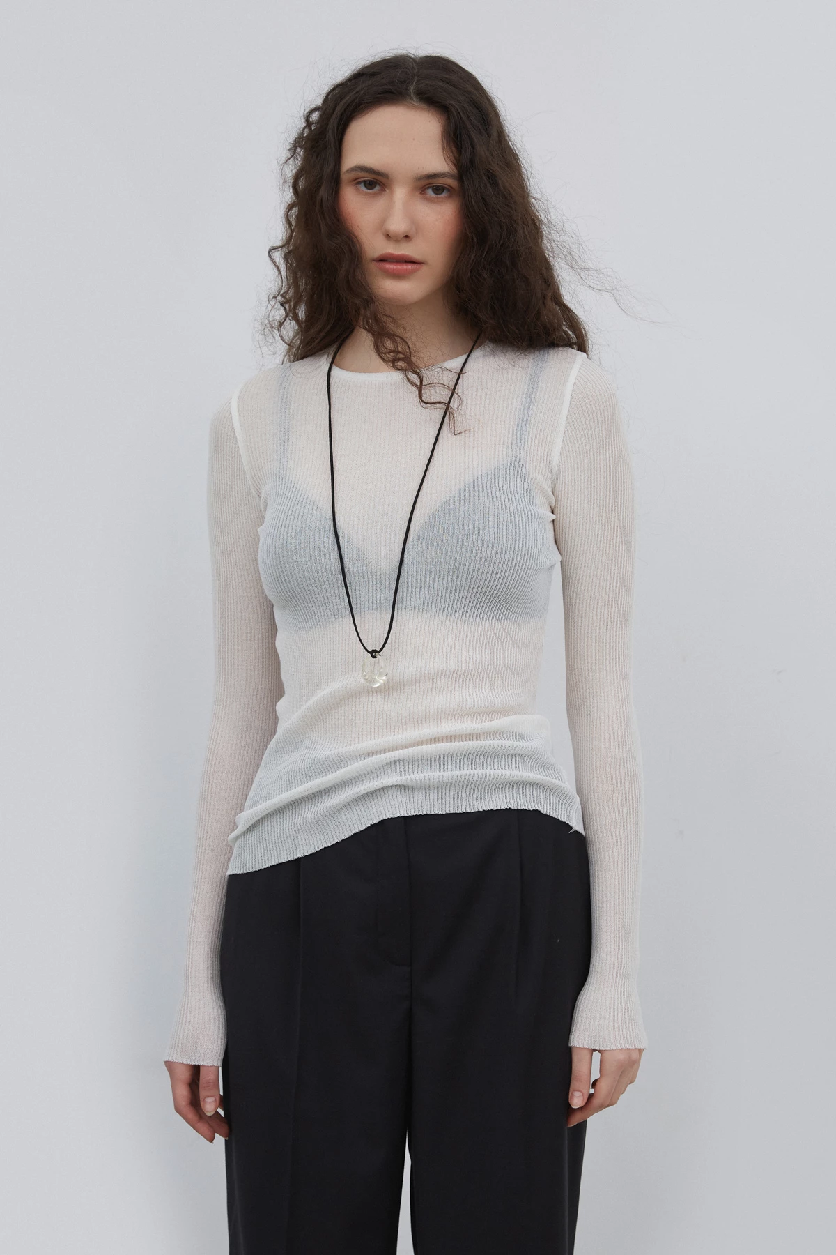 Milky semi-transparent ribbed jumper with cotton, photo 1