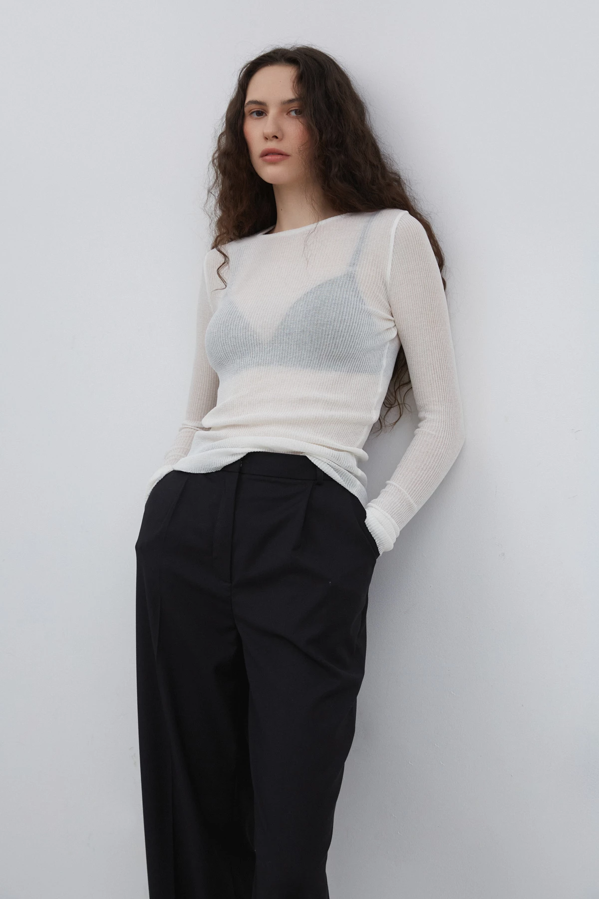 Milky semi-transparent ribbed jumper with cotton, photo 4