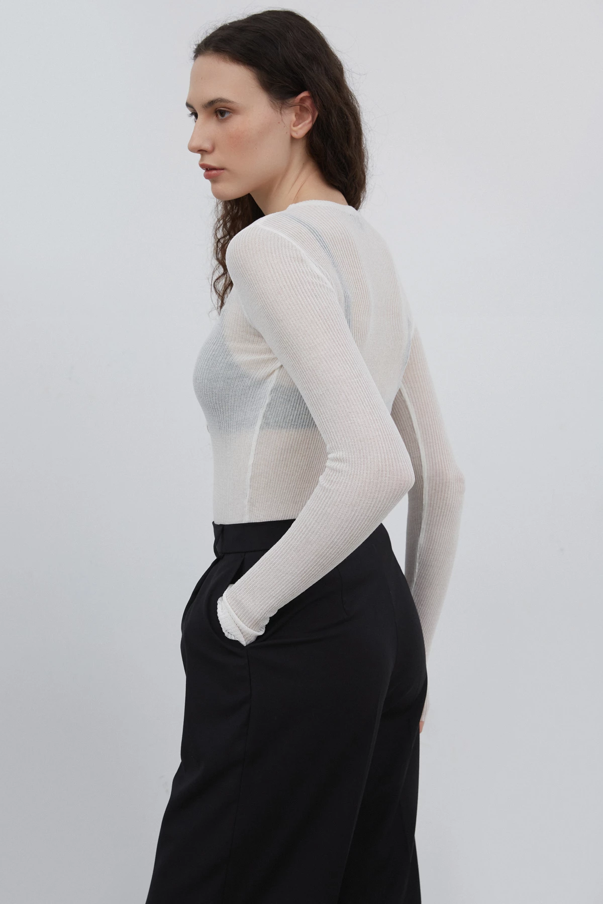 Milky semi-transparent ribbed jumper with cotton, photo 5
