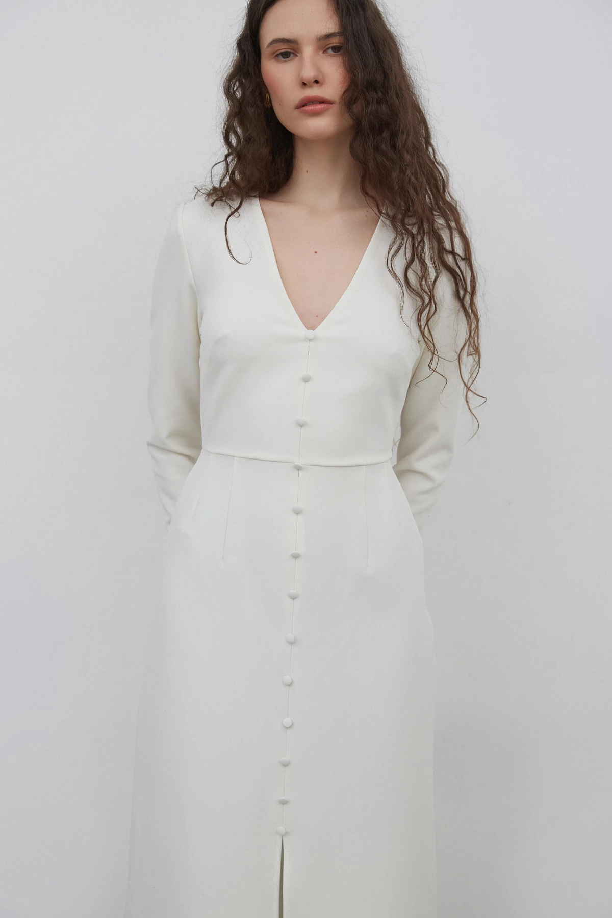 Молочна сукня міді з V-подібним вирізом з віскозою, фото 2