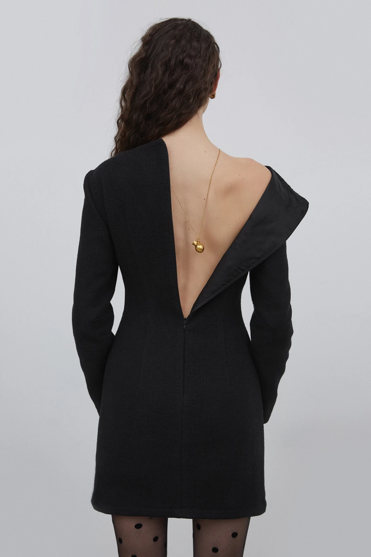Коротка чорна твідова сукня з довгим рукавом з бавовною, фото 1