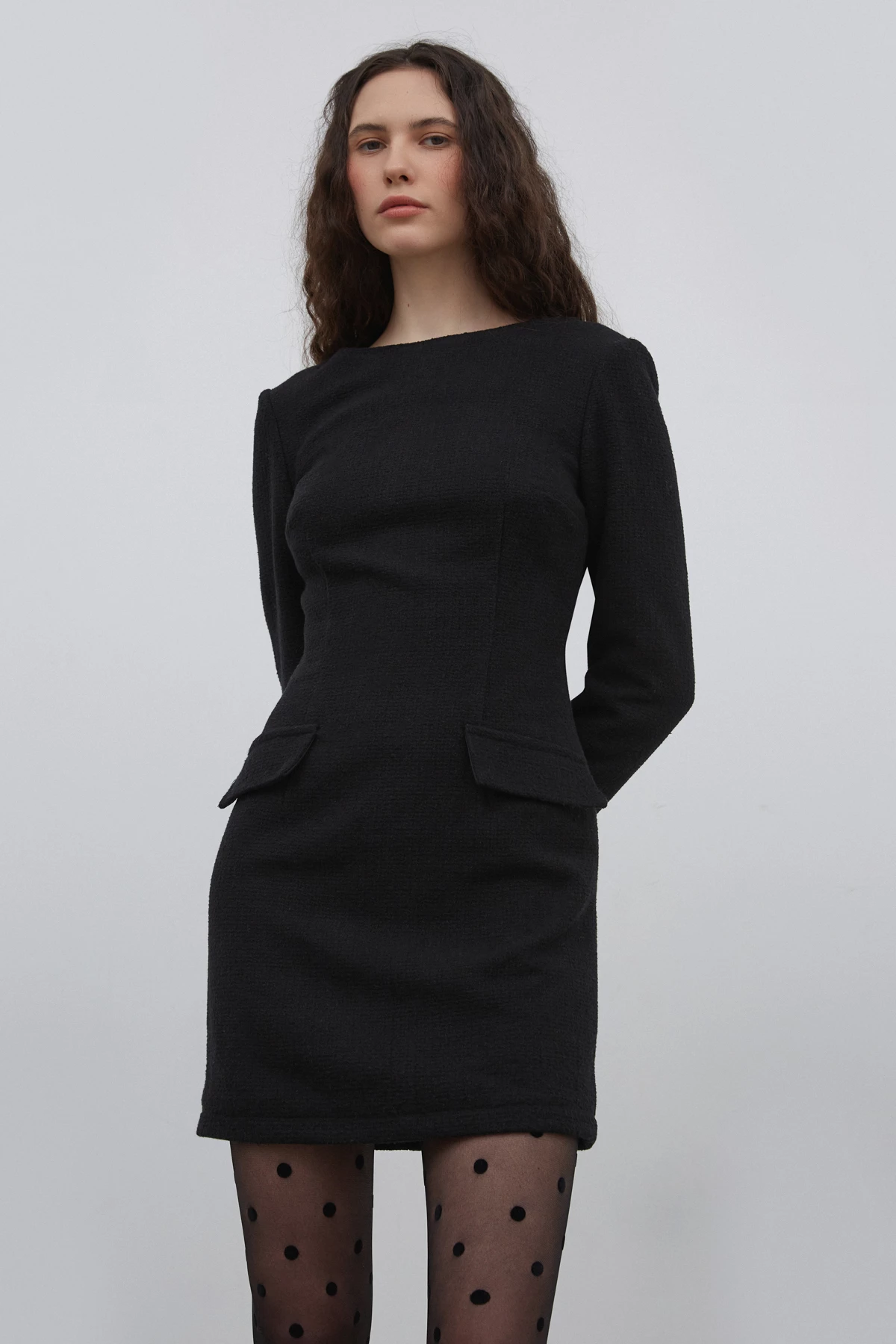 Короткое черное твидовое платье с длинным рукавом с хлопком, фото 3