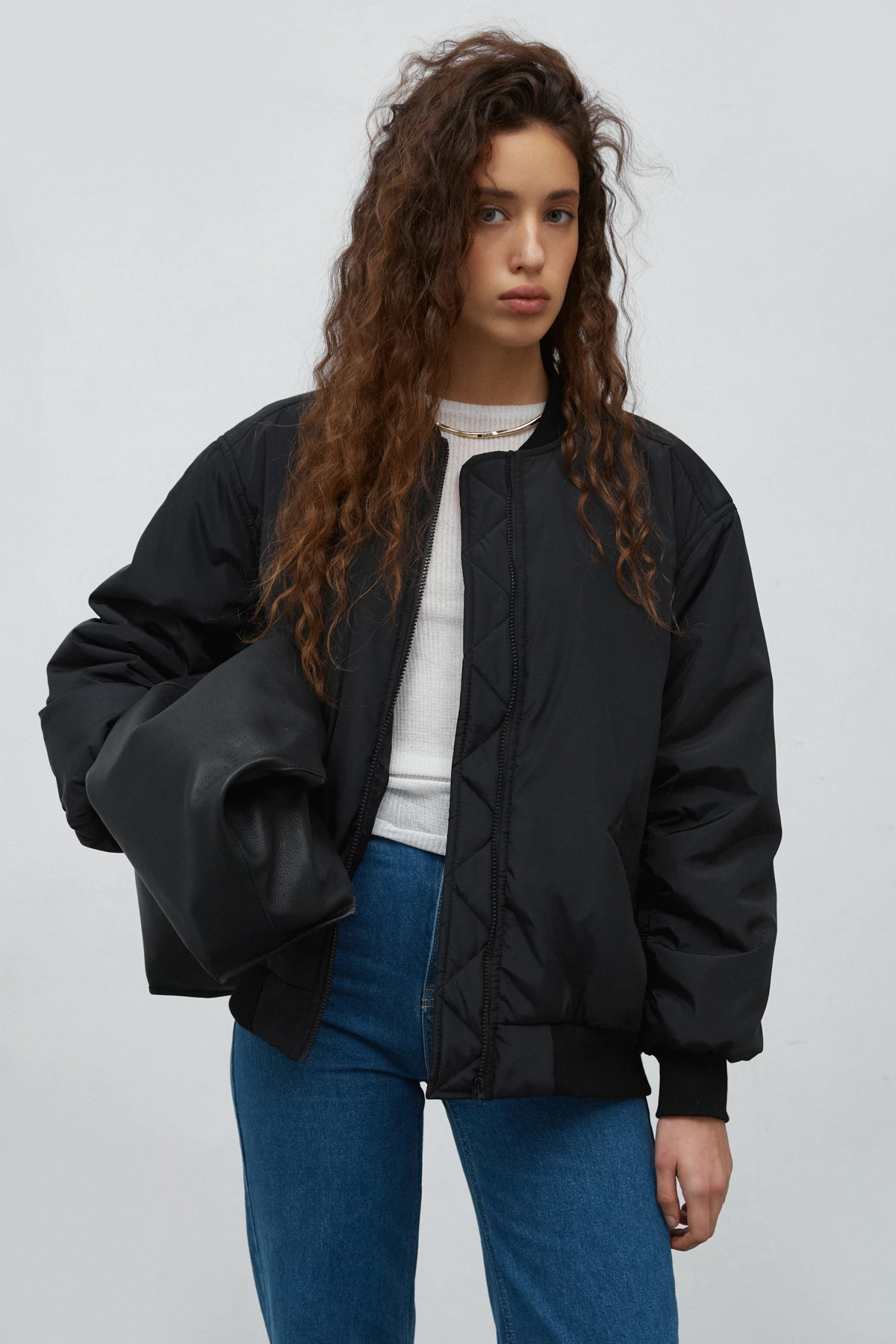Black bomber jacket made of water-repellent raincoat fabric, photo 2
