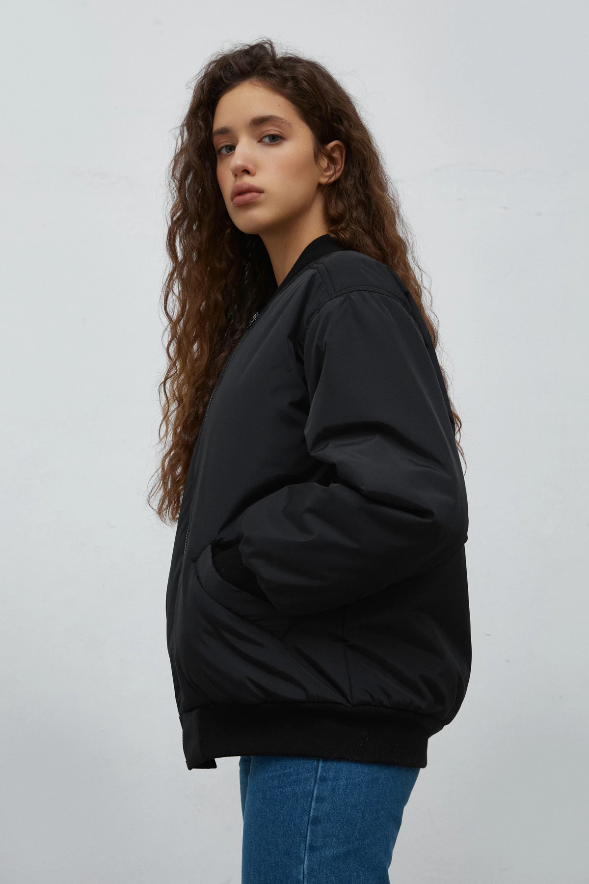 Black bomber jacket made of water-repellent raincoat fabric, photo 3