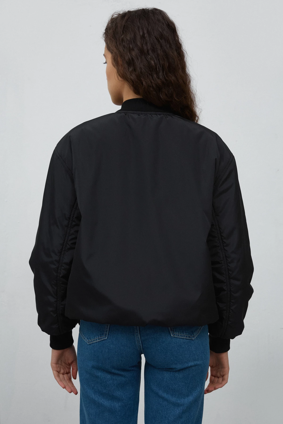Black bomber jacket made of water-repellent raincoat fabric, photo 4