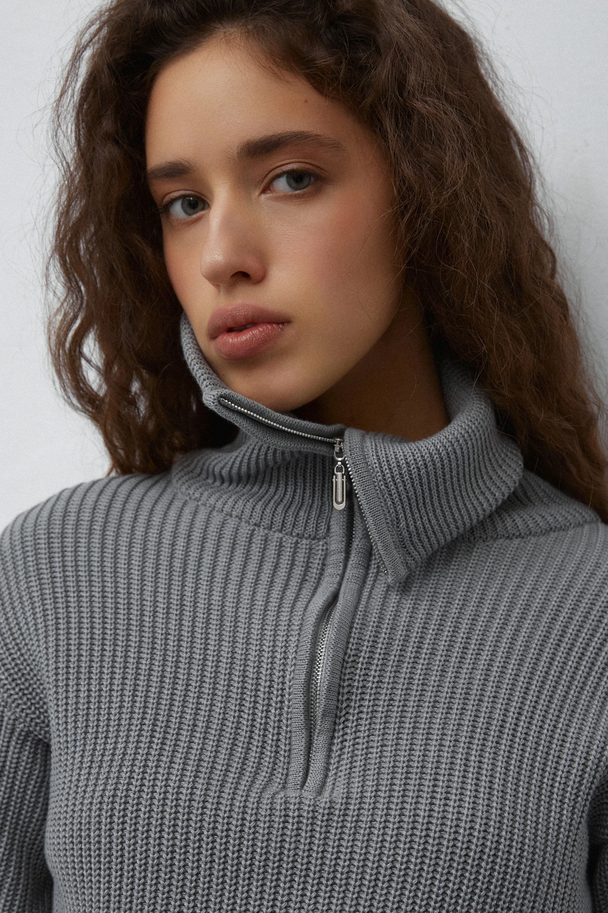 Grey cotton zip-up knit sweater, photo 4