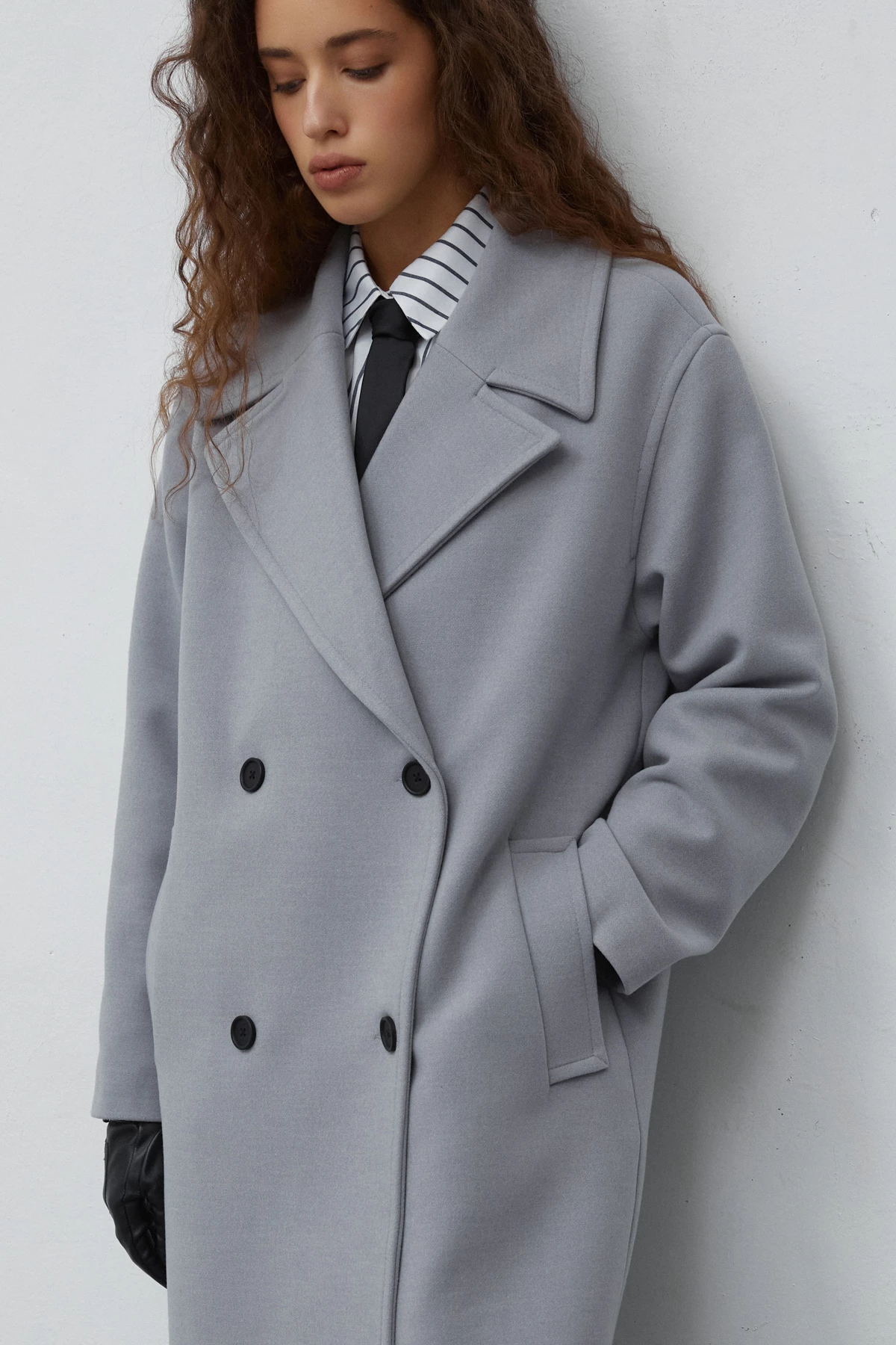 Gray double-breasted midi straight-cut coat with viscose, photo 1